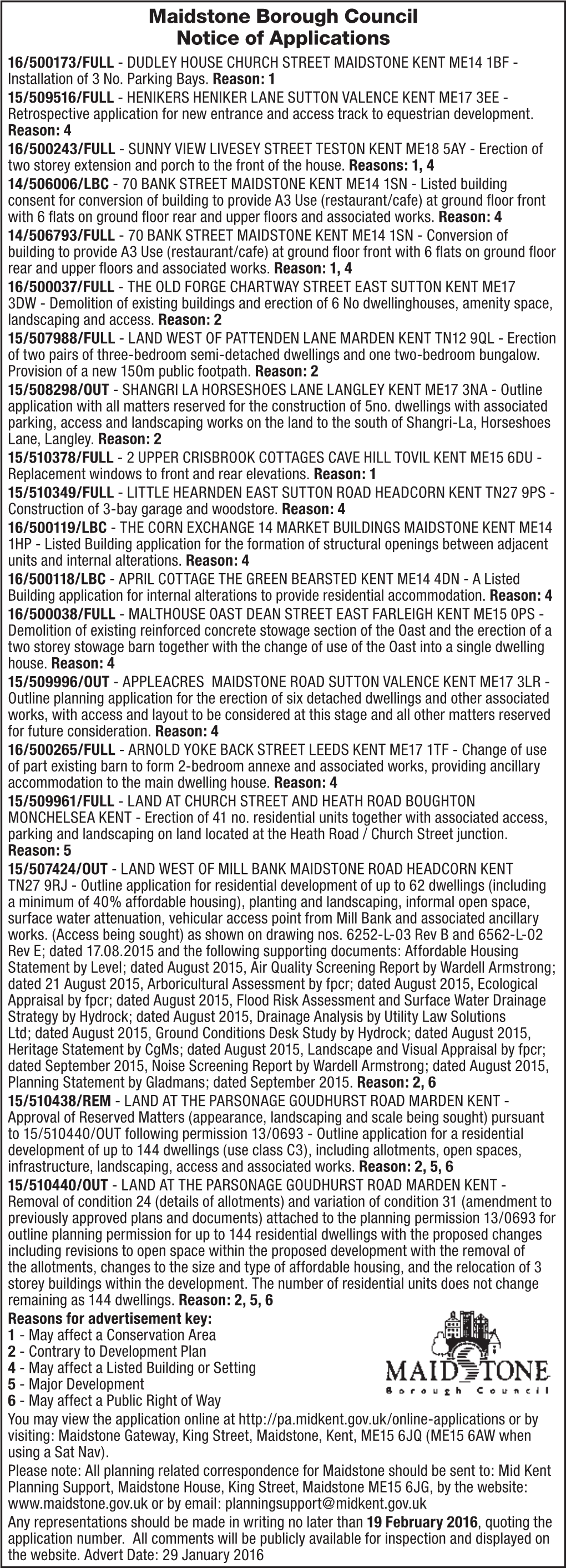 Maidstone Borough Council Notice of Applications 16/500173/FULL - DUDLEY HOUSE CHURCH STREET MAIDSTONE KENT ME14 1BF - Installation of 3 No