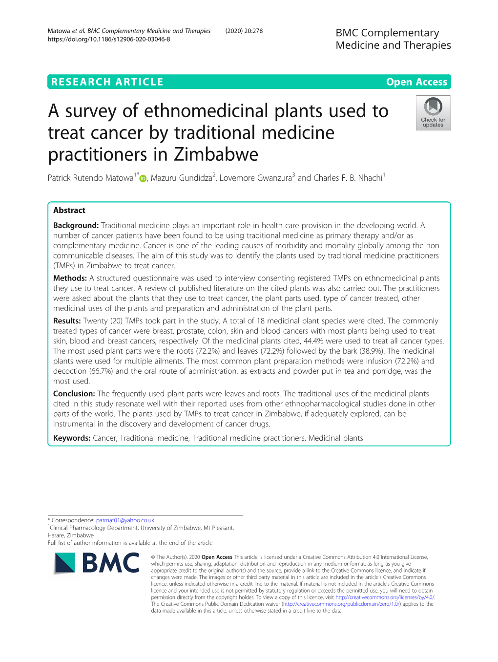 A Survey of Ethnomedicinal Plants Used to Treat Cancer by Traditional