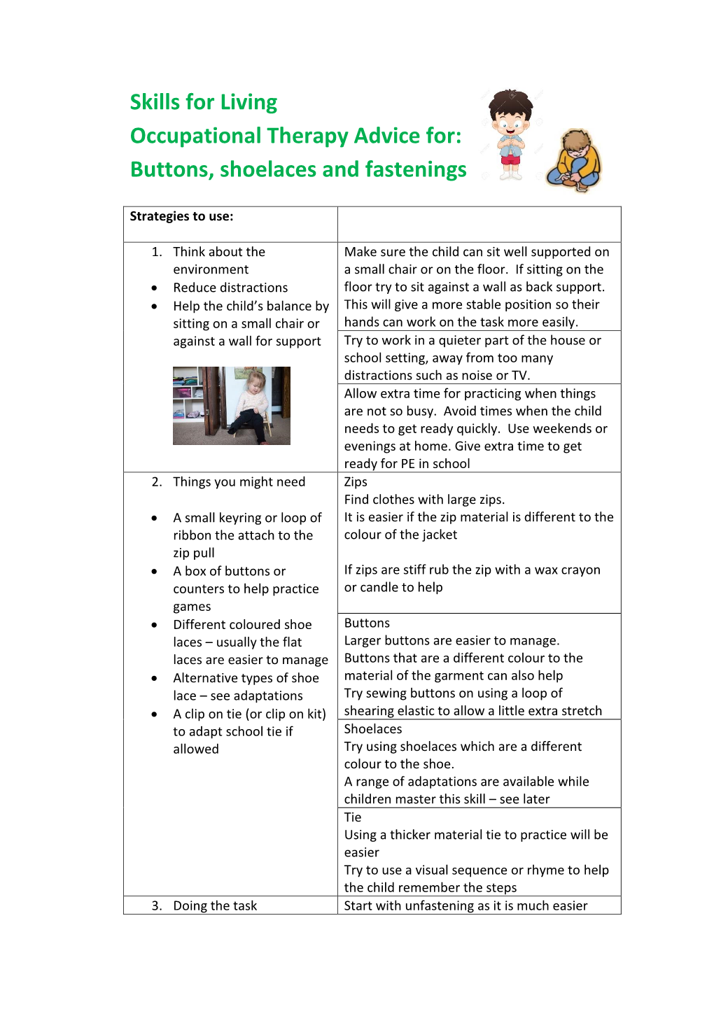 Skills for Living Occupational Therapy Advice For: Buttons, Shoelaces and Fastenings