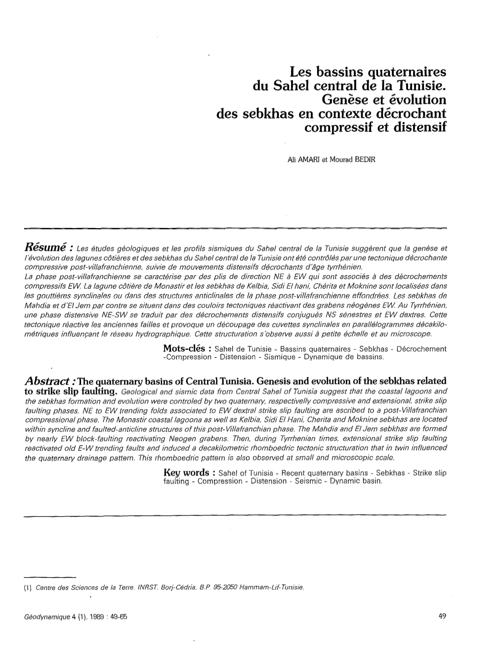 Les Bassins Quaternaires Du Sahel Central De La Tunisie : Genèse Et Évolution Des Sebkhas En Contexte Décrochant Compressif E