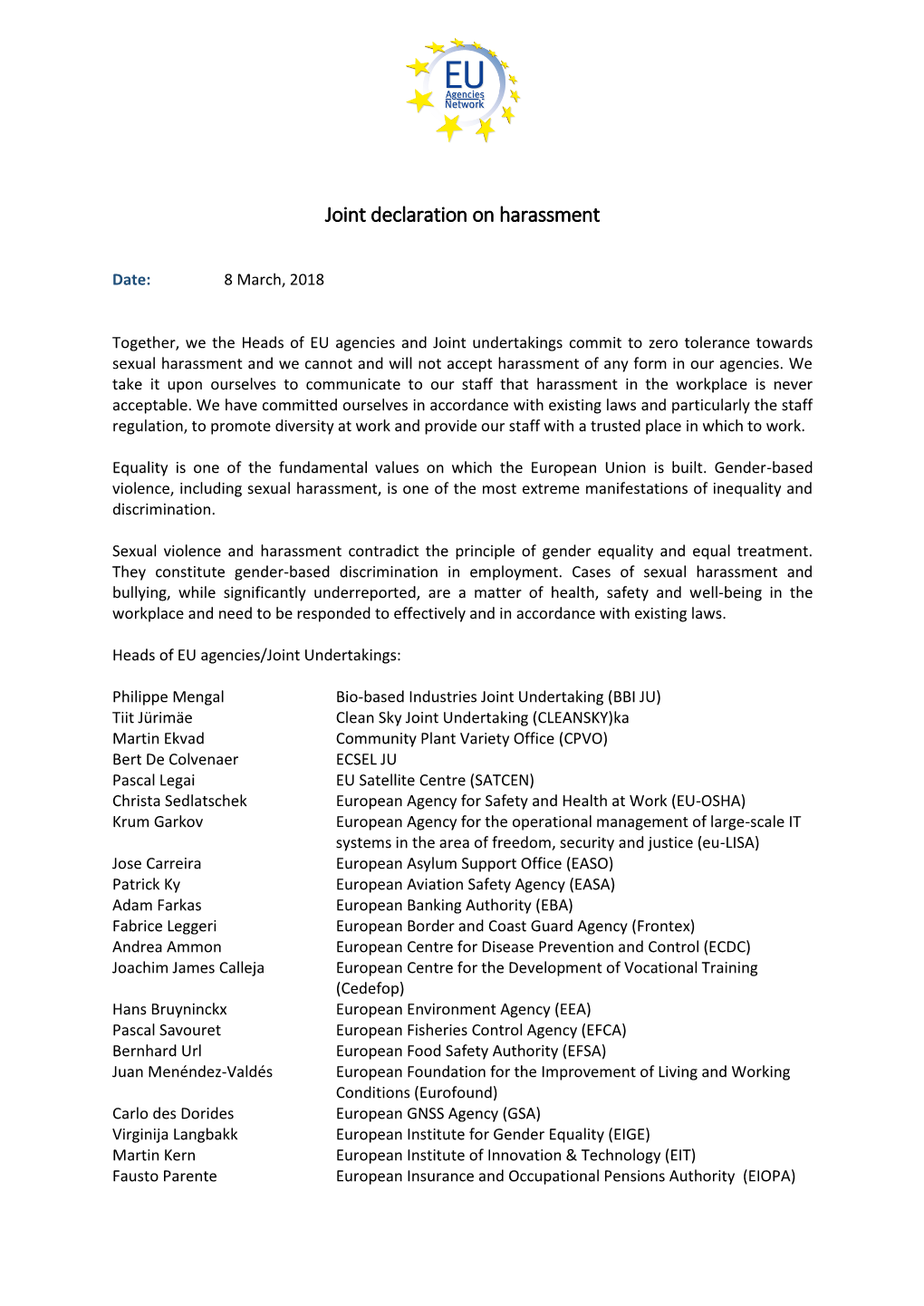 Joint Declaration on Harassment