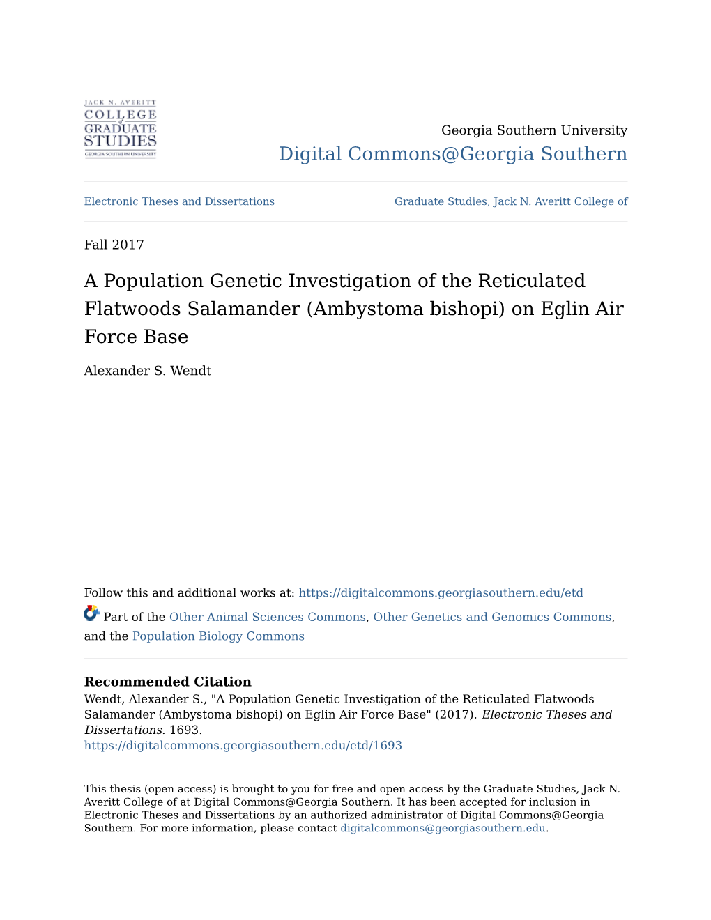 A Population Genetic Investigation of the Reticulated Flatwoods Salamander (Ambystoma Bishopi) on Eglin Air Force Base