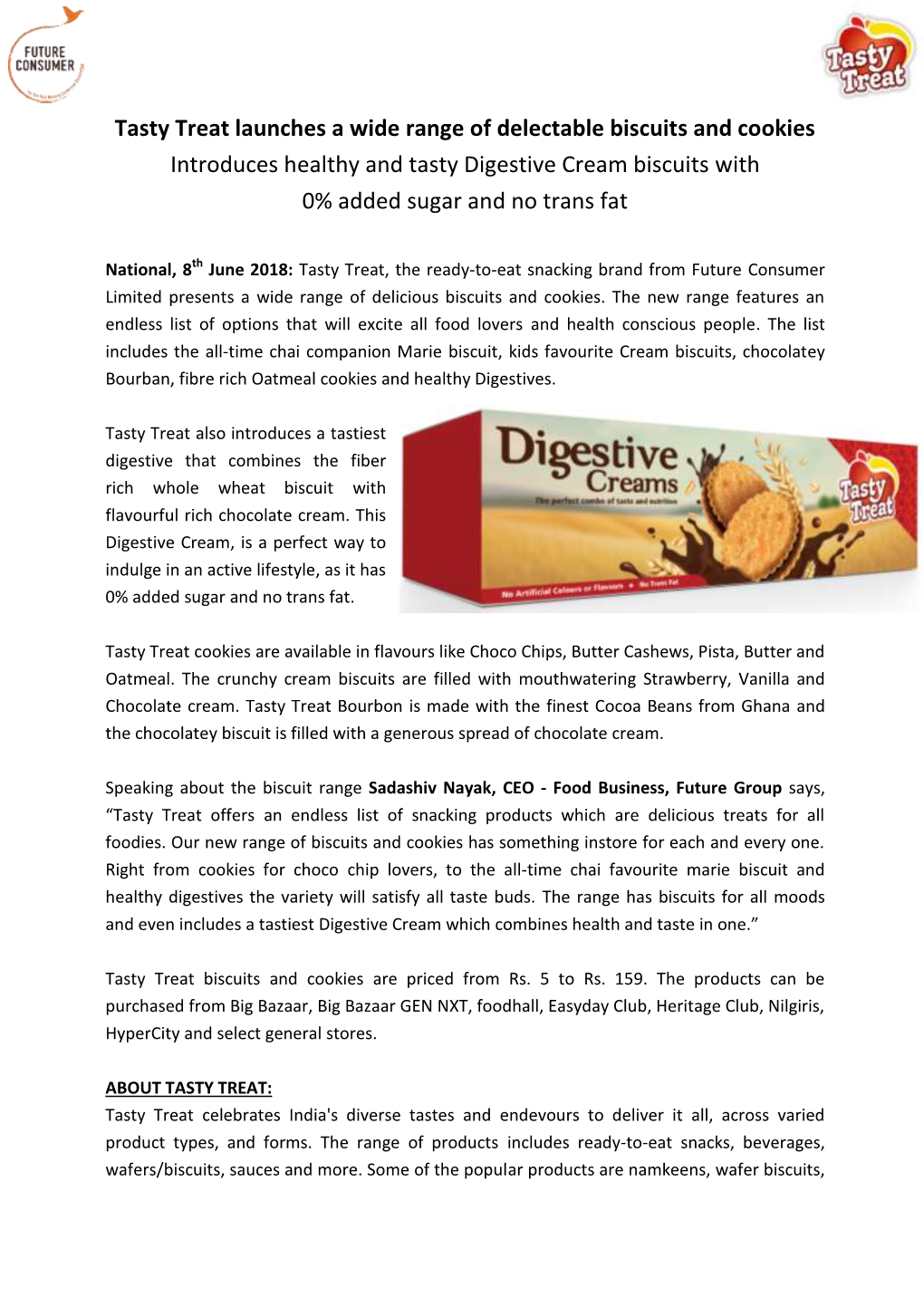 Tasty Treat Launches a Wide Range of Delectable Biscuits and Cookies Introduces Healthy and Tasty Digestive Cream Biscuits with 0% Added Sugar and No Trans Fat