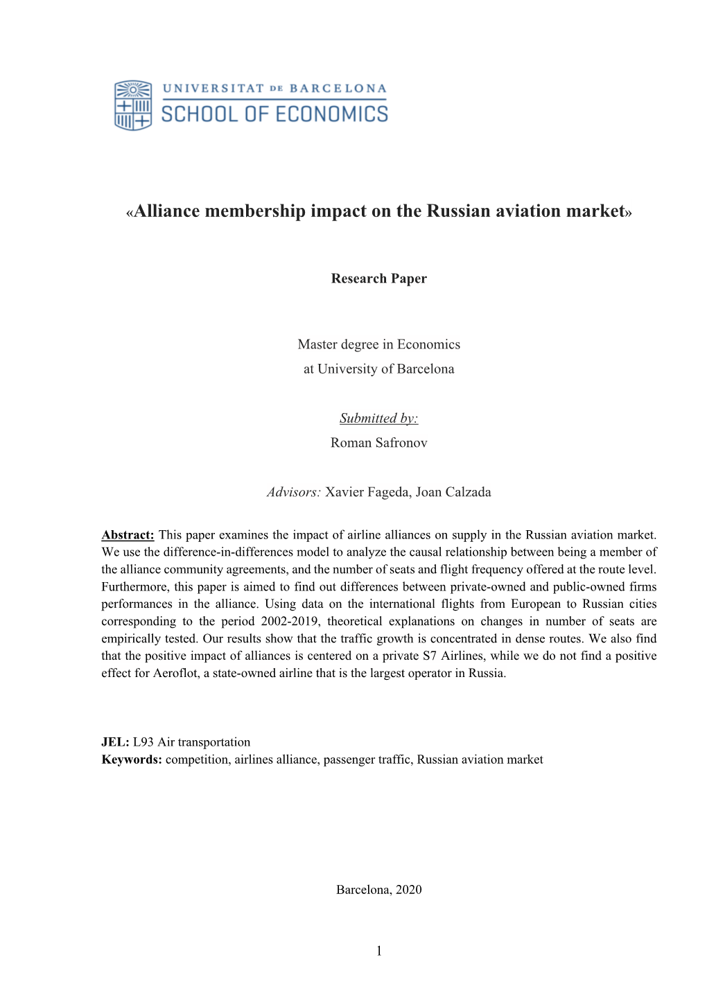 «Alliance Membership Impact on the Russian Aviation Market»