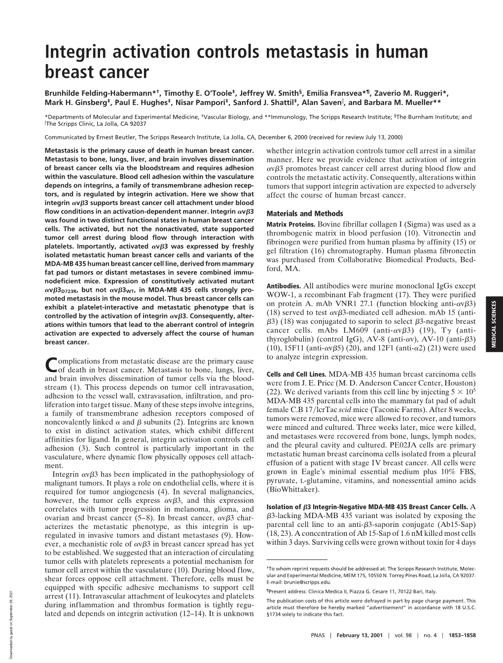 Integrin Activation Controls Metastasis in Human Breast Cancer