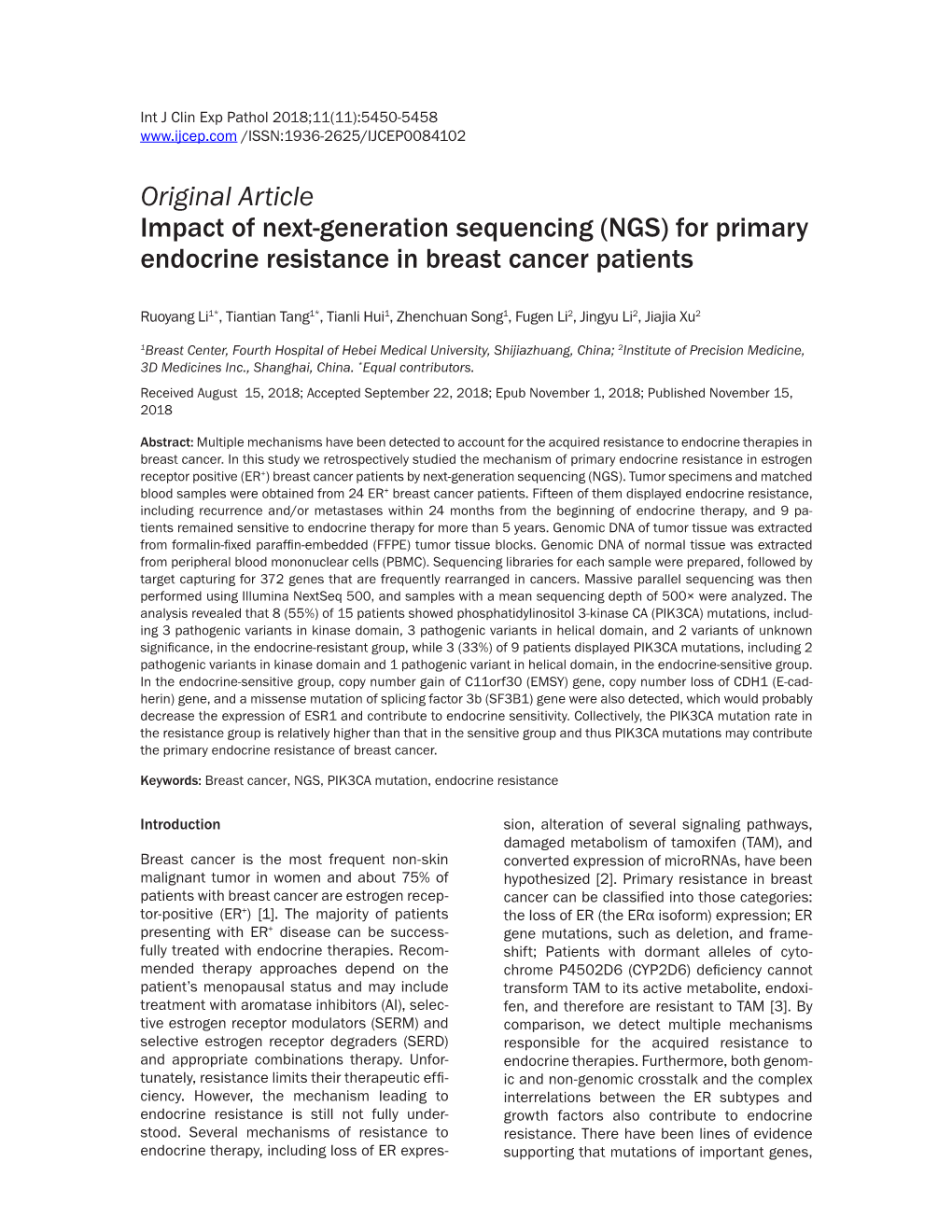 (NGS) for Primary Endocrine Resistance in Breast Cancer Patients