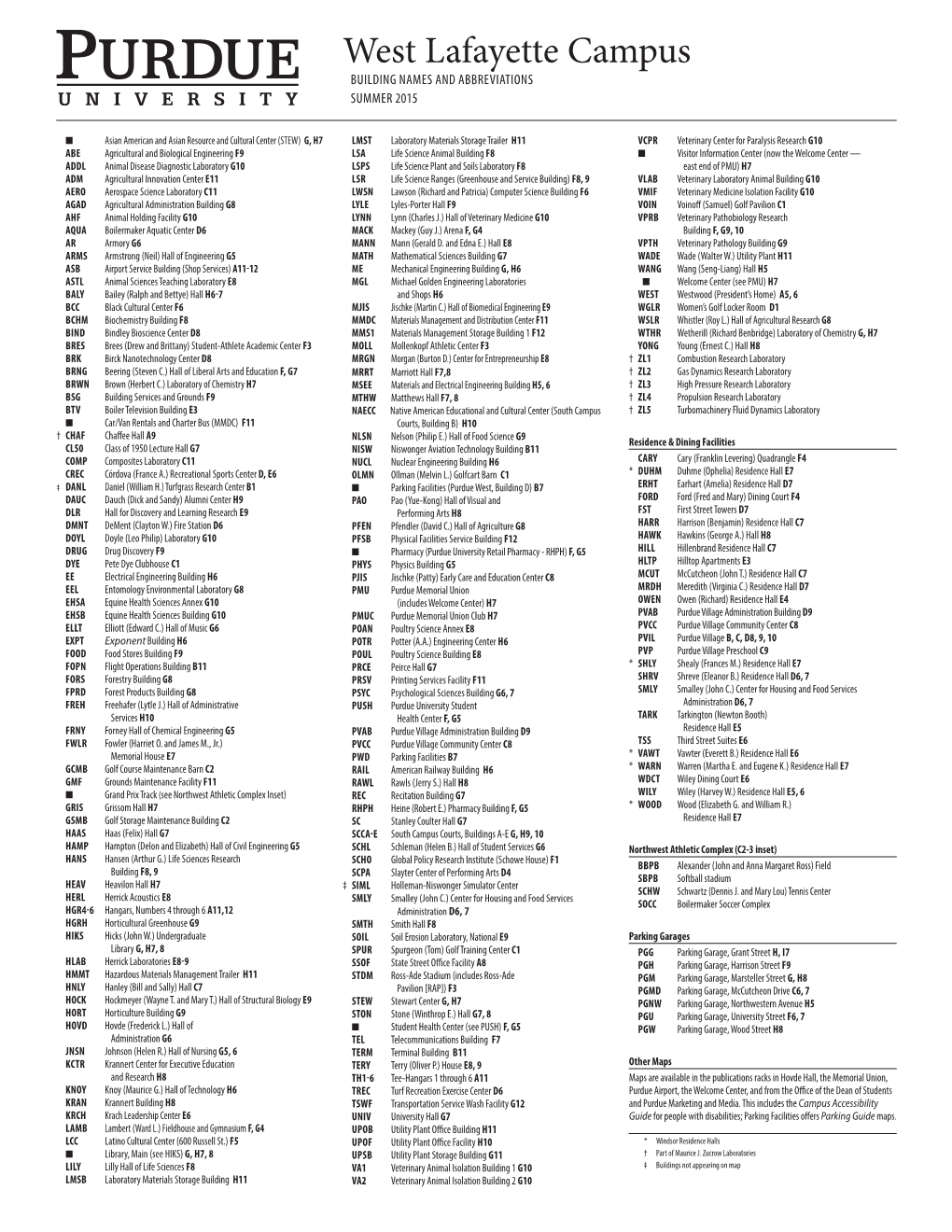 West Lafayette Campus BUILDING NAMES and ABBREVIATIONS SUMMER 2015