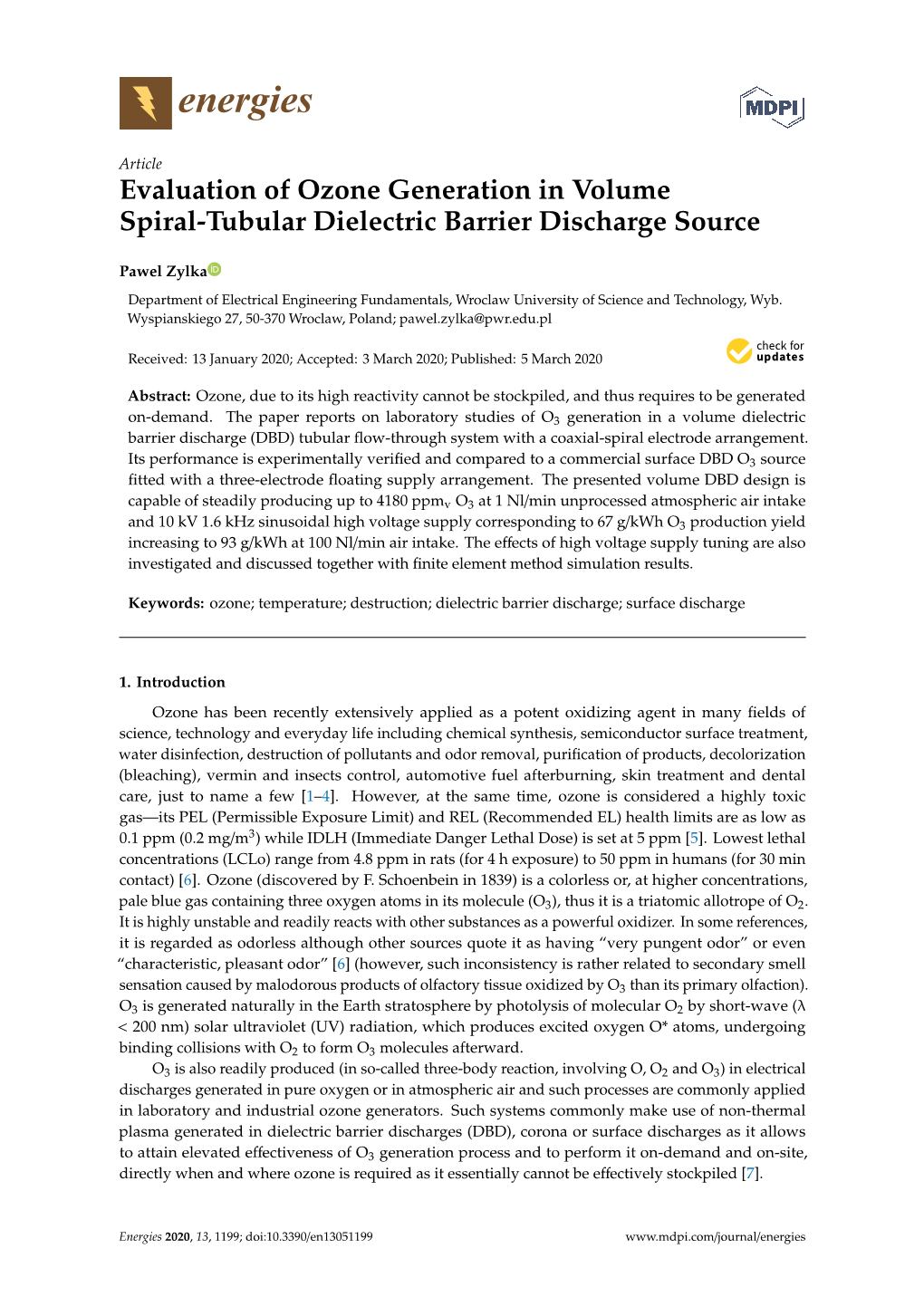 Evaluation of Ozone Generation in Volume Spiral-Tubular Dielectric Barrier Discharge Source