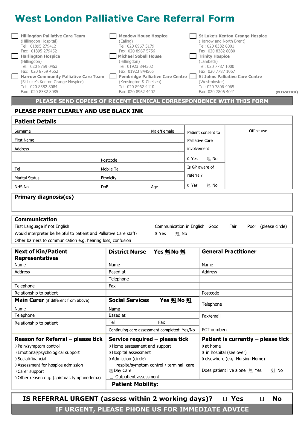 West London Palliative Care Referral Form