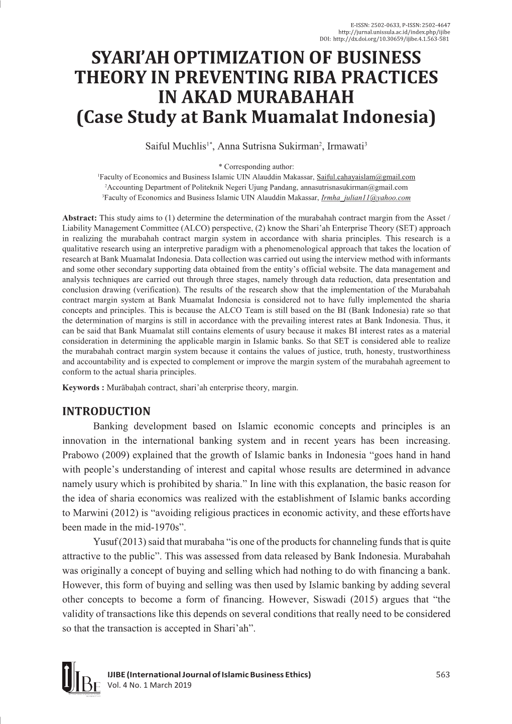 SYARI'ah OPTIMIZATION of BUSINESS THEORY in PREVENTING RIBA PRACTICES in AKAD MURABAHAH (Case Study at Bank Muamalat Indonesia