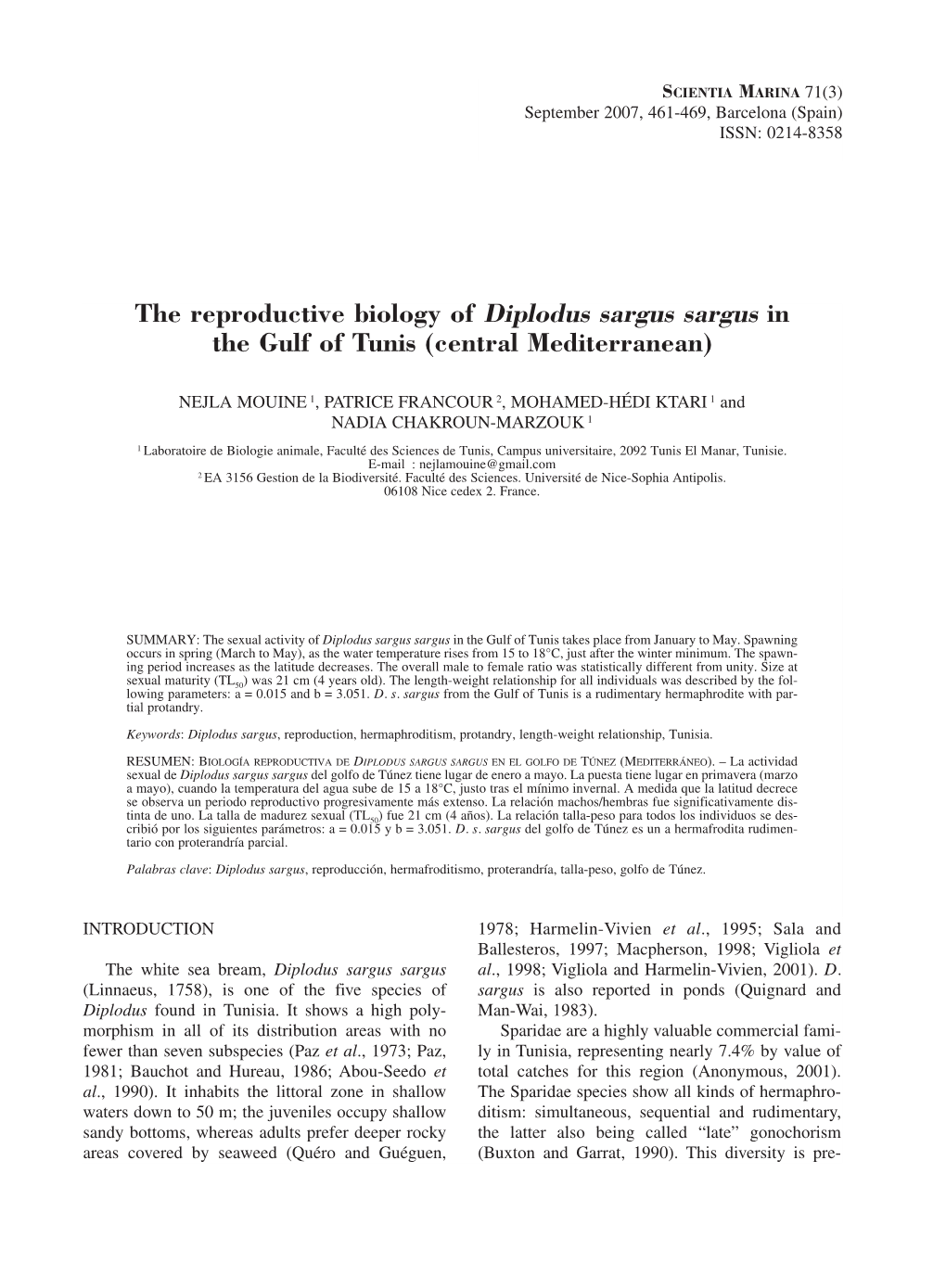 The Reproductive Biology of Diplodus Sargus Sargus in the Gulf of Tunis (Central Mediterranean)