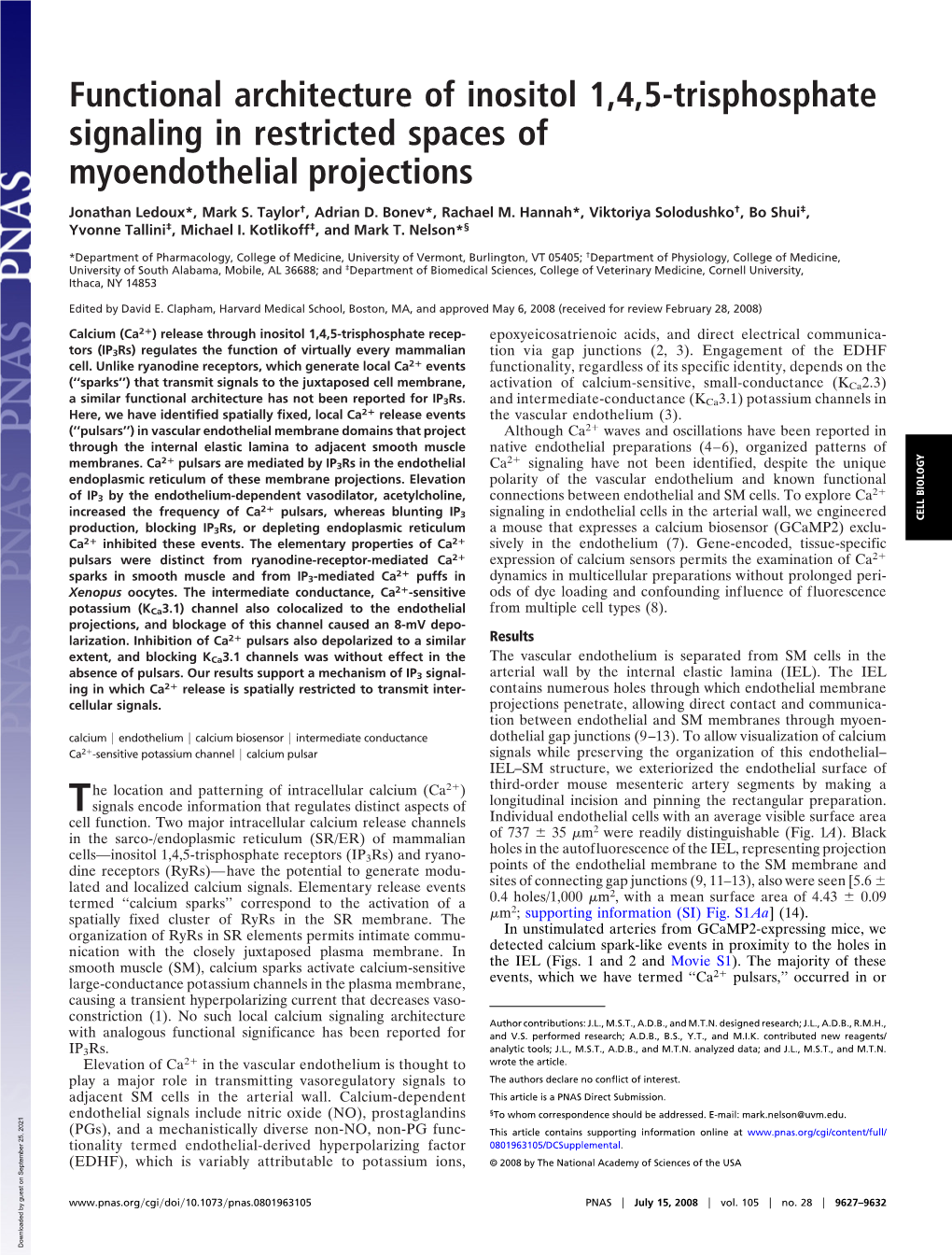 Functional Architecture of Inositol 1,4,5-Trisphosphate Signaling in Restricted Spaces of Myoendothelial Projections