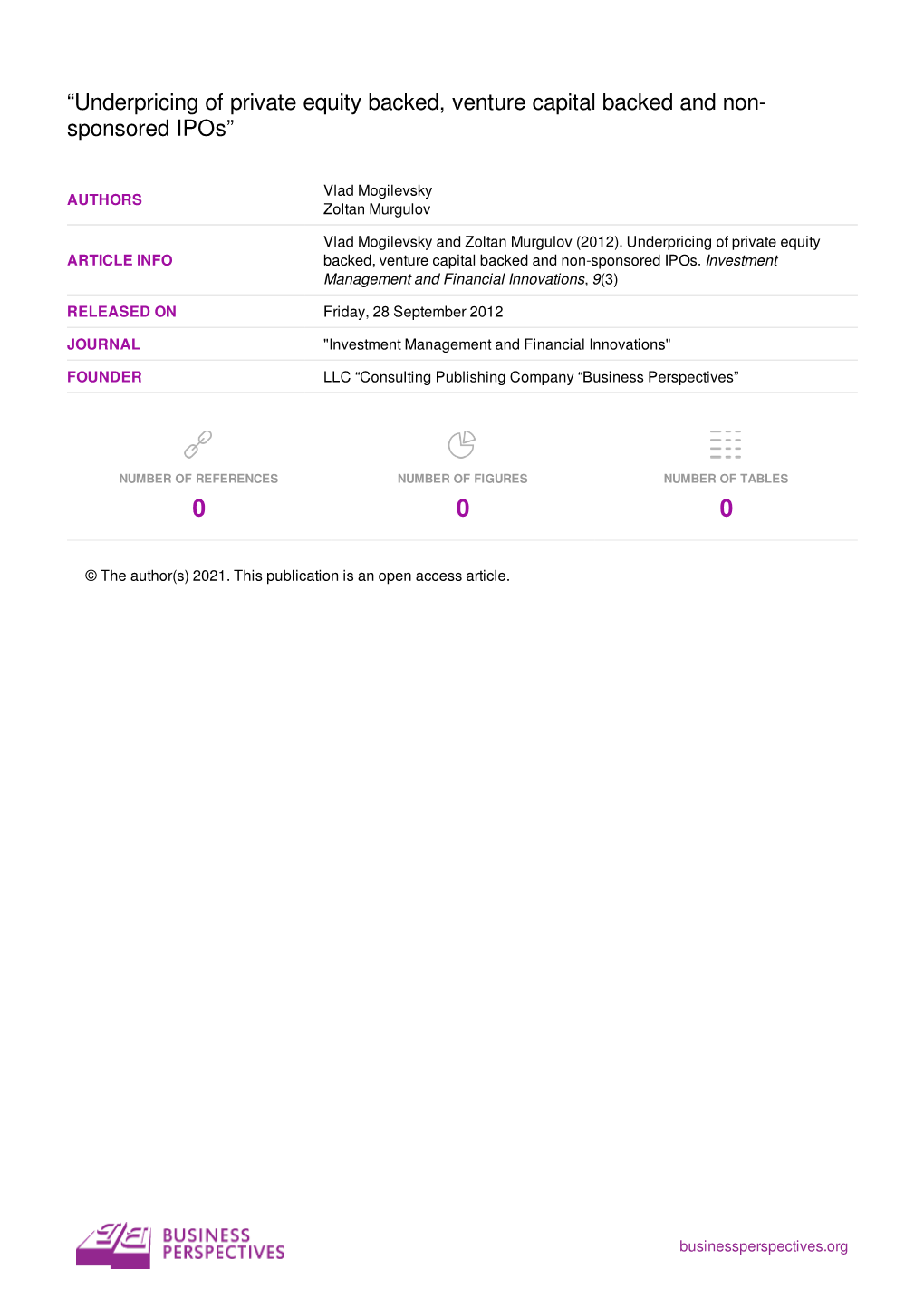 “Underpricing of Private Equity Backed, Venture Capital Backed and Non- Sponsored Ipos”