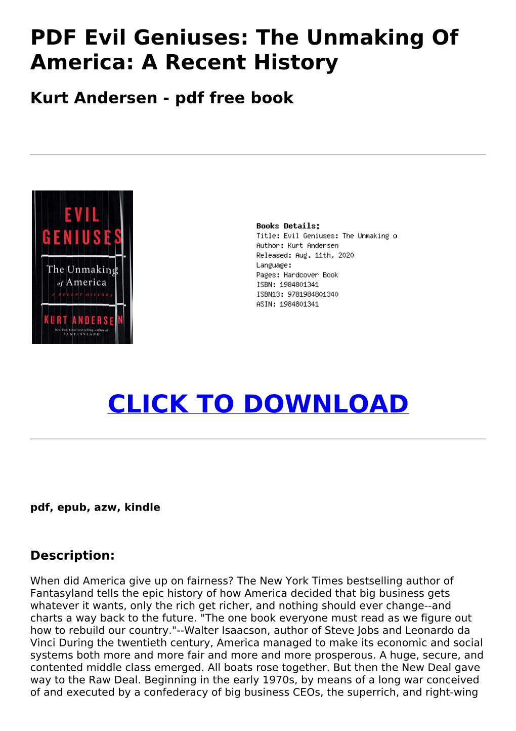 (7Be5e32) PDF Evil Geniuses: the Unmaking of America: a Recent