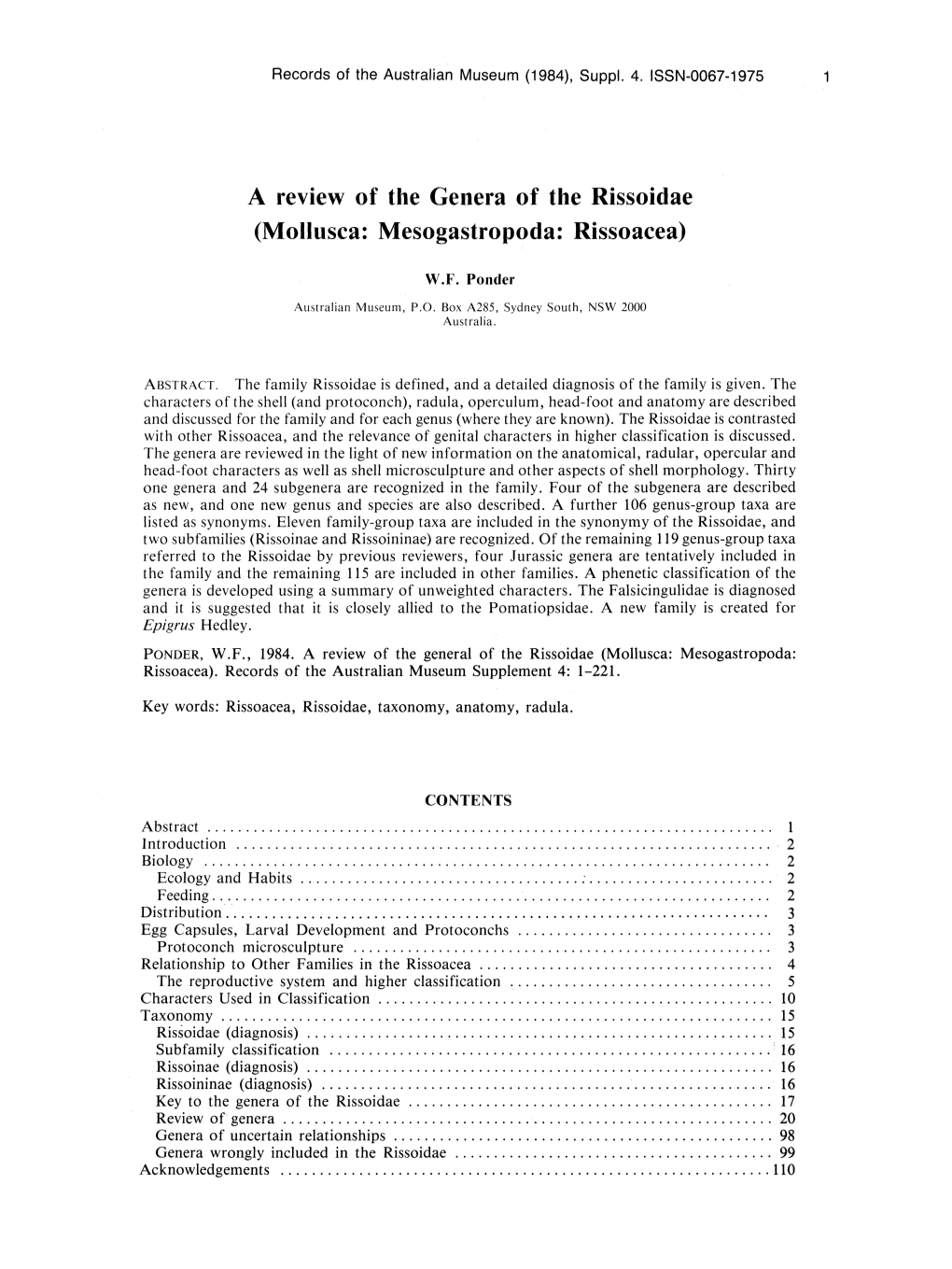 A Review of the Genera of the Rissoidae (Mollusca: Mesogastropoda: Rissoacea)