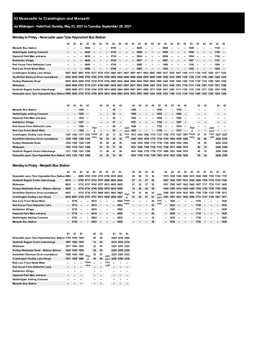 43 Newcastle to Cramlington and Morpeth Via Wideopen - Valid from Sunday, May 23, 2021 to Tuesday, September 28, 2021