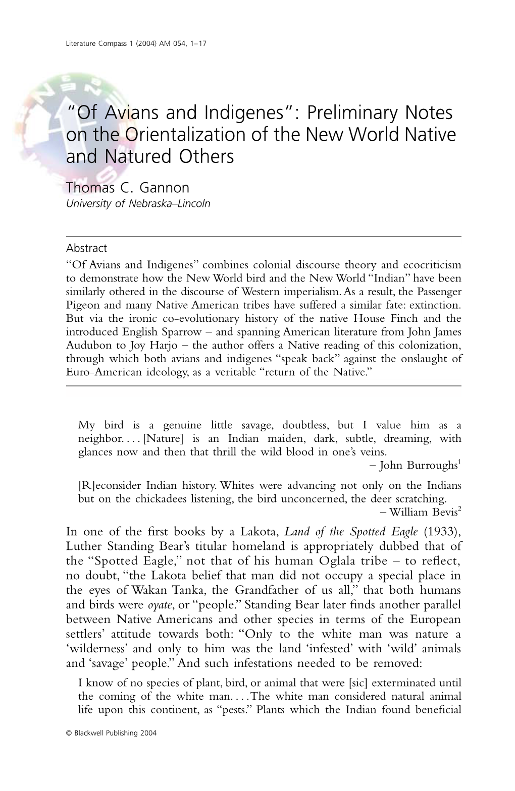 “Of Avians and Indigenes”: Preliminary Notes on the Orientalization of the New World Native and Natured Others Thomas C