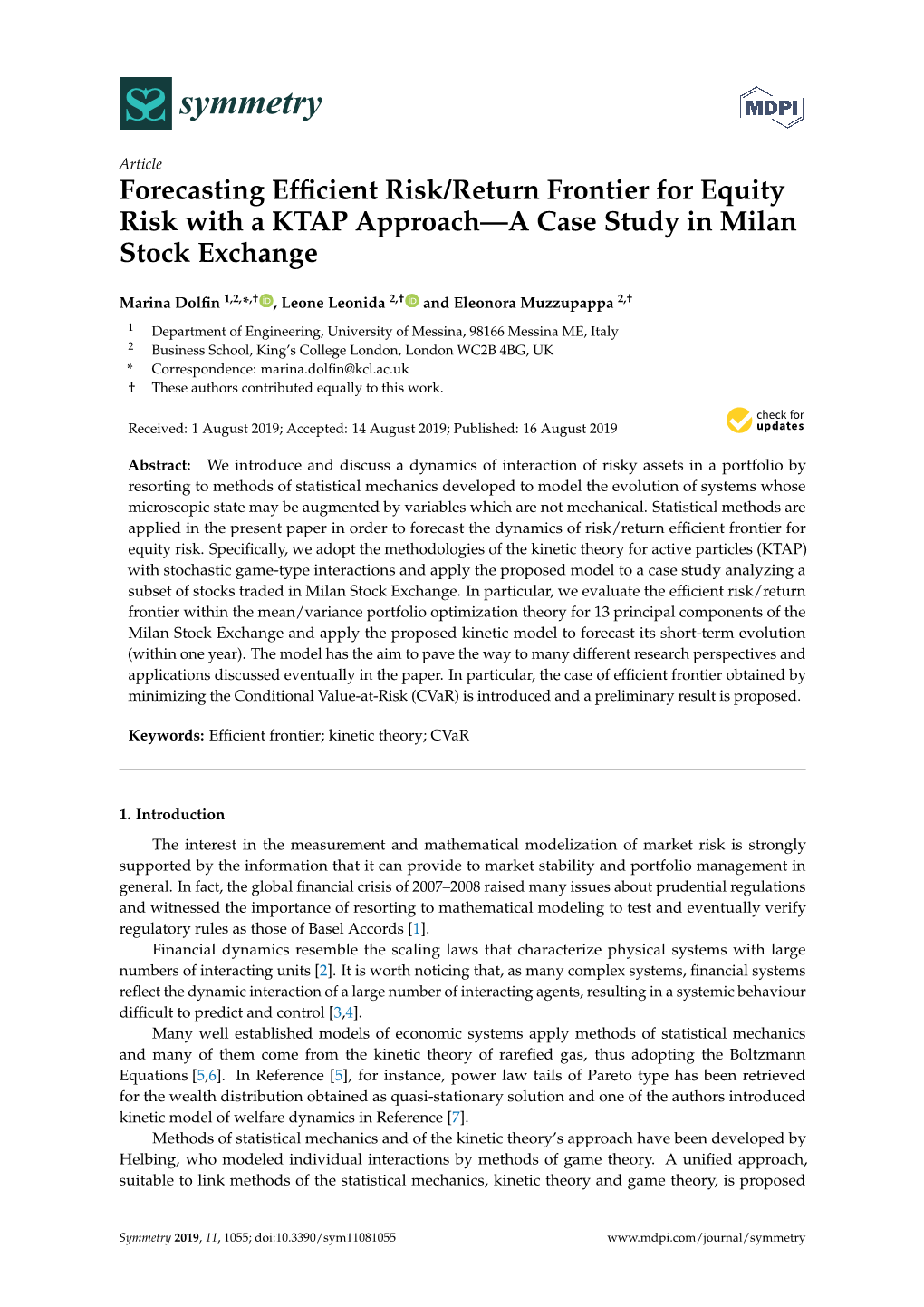 Forecasting Efficient Risk/Return Frontier for Equity Risk with a KTAP