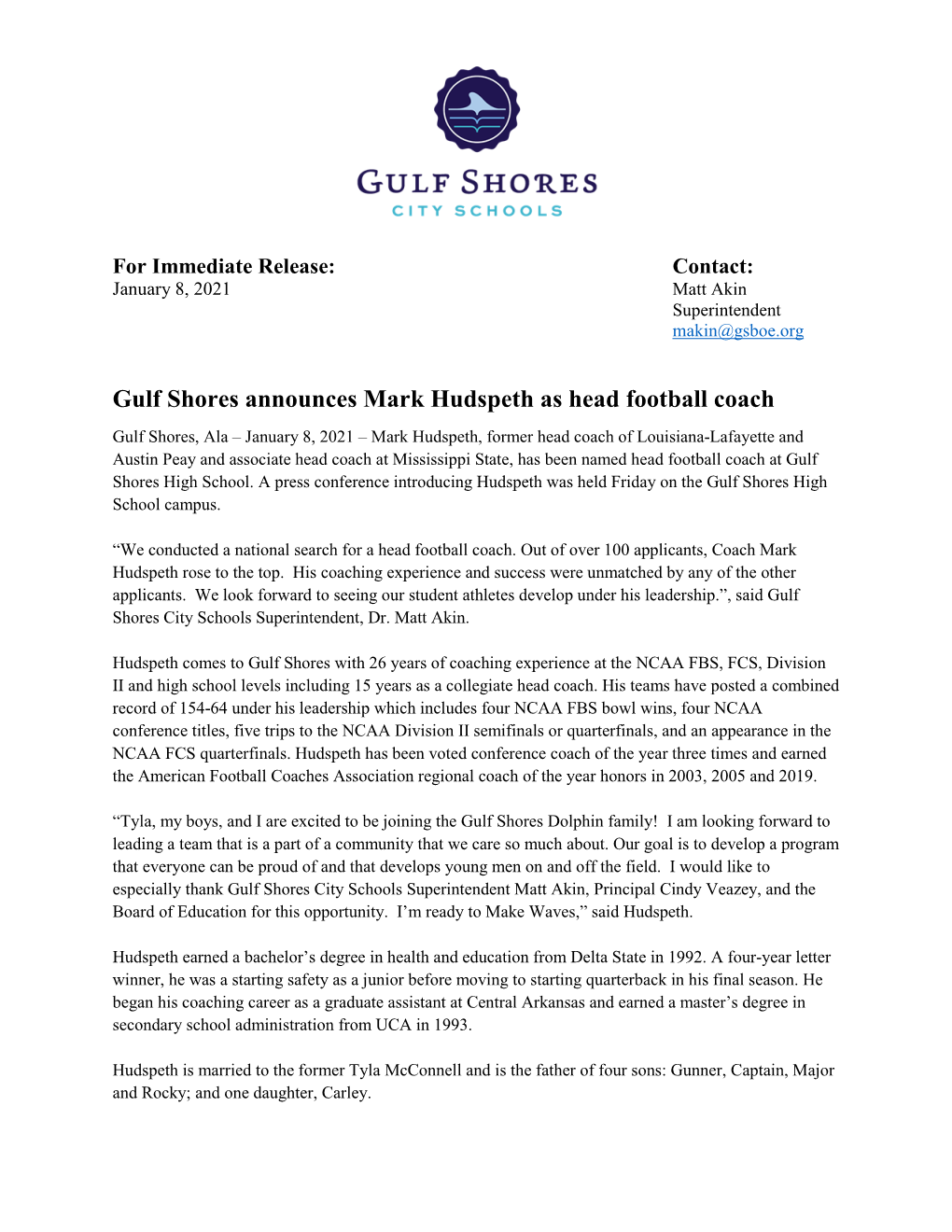 Gulf Shores Announces Mark Hudspeth As Head Football Coach