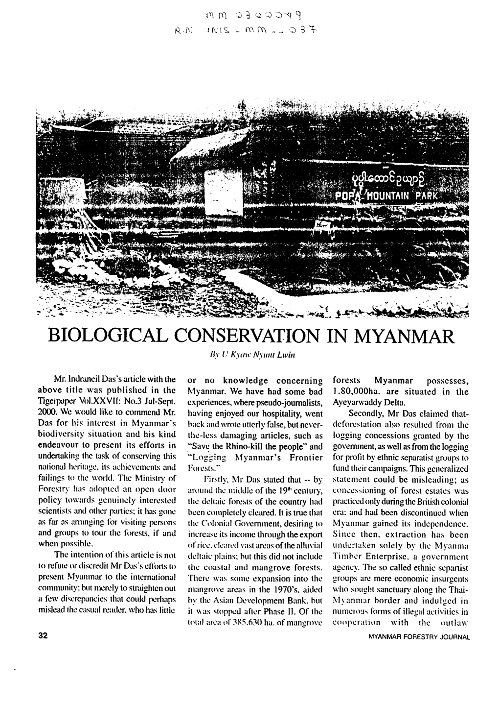 BIOLOGICAL CONSERVATION in MYANMAR B%- I.,'Ki-Aiv Nwint Lvin