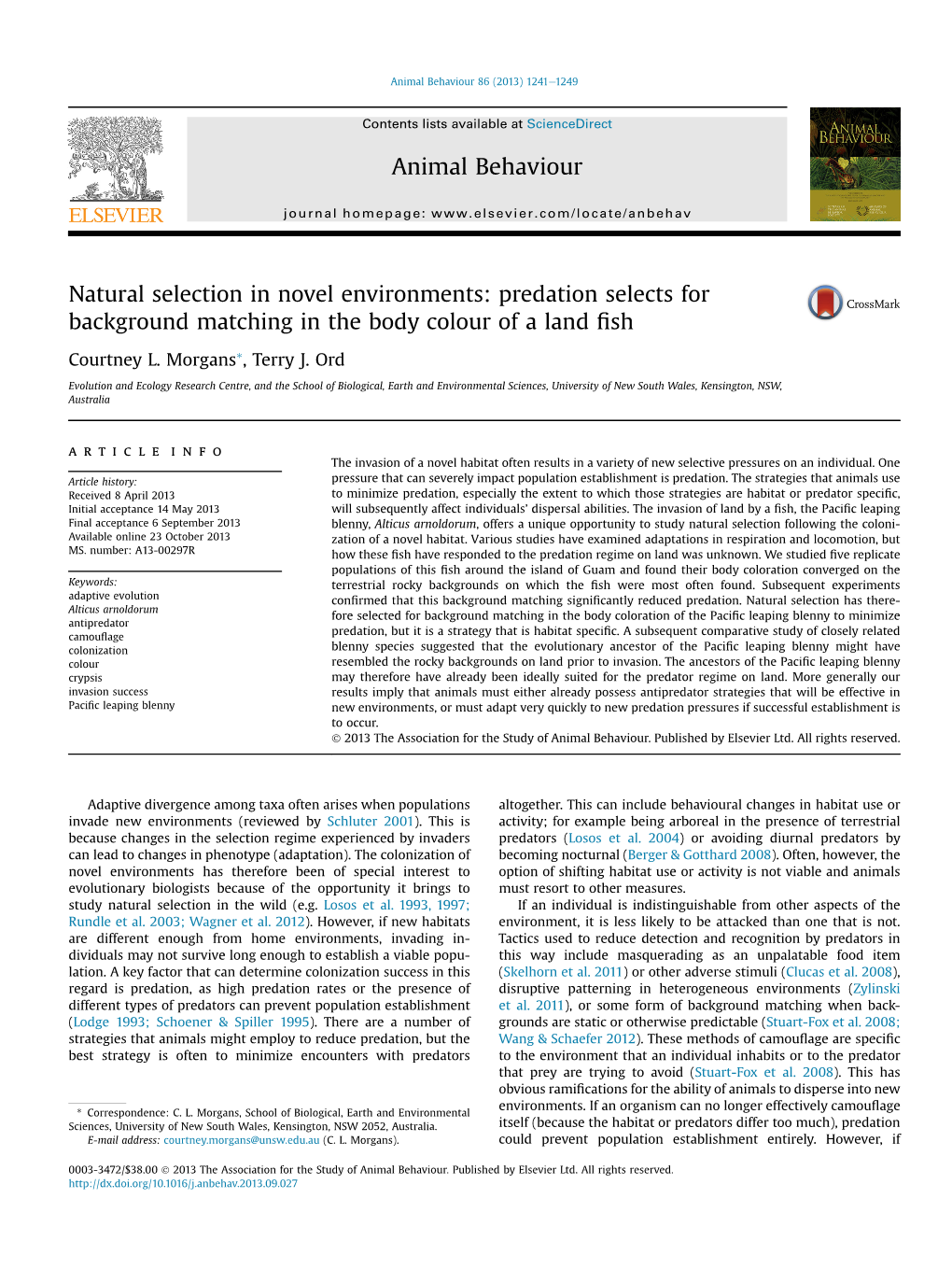 Predation Selects for Background Matching in the Body Colour of a Land ﬁsh