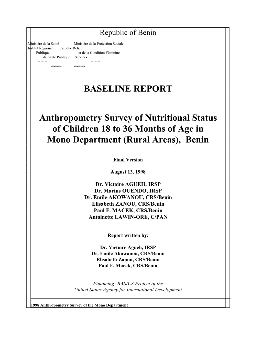 BASELINE REPORT Anthropometry Survey of Nutritional Status