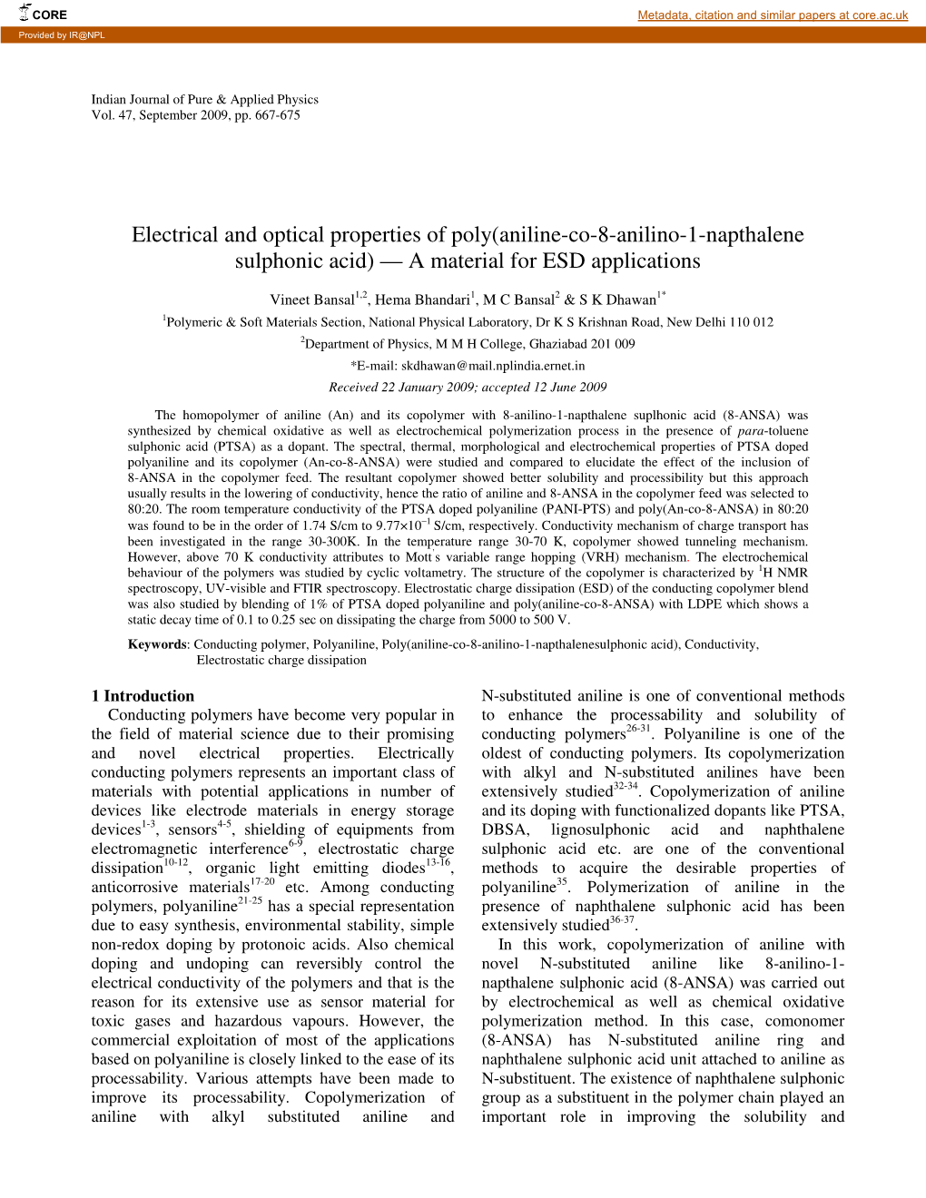 Electrical and Optical Properties of Poly(Aniline-Co-8-Anilino-1-Napthalene Sulphonic Acid) — a Material for ESD Applications