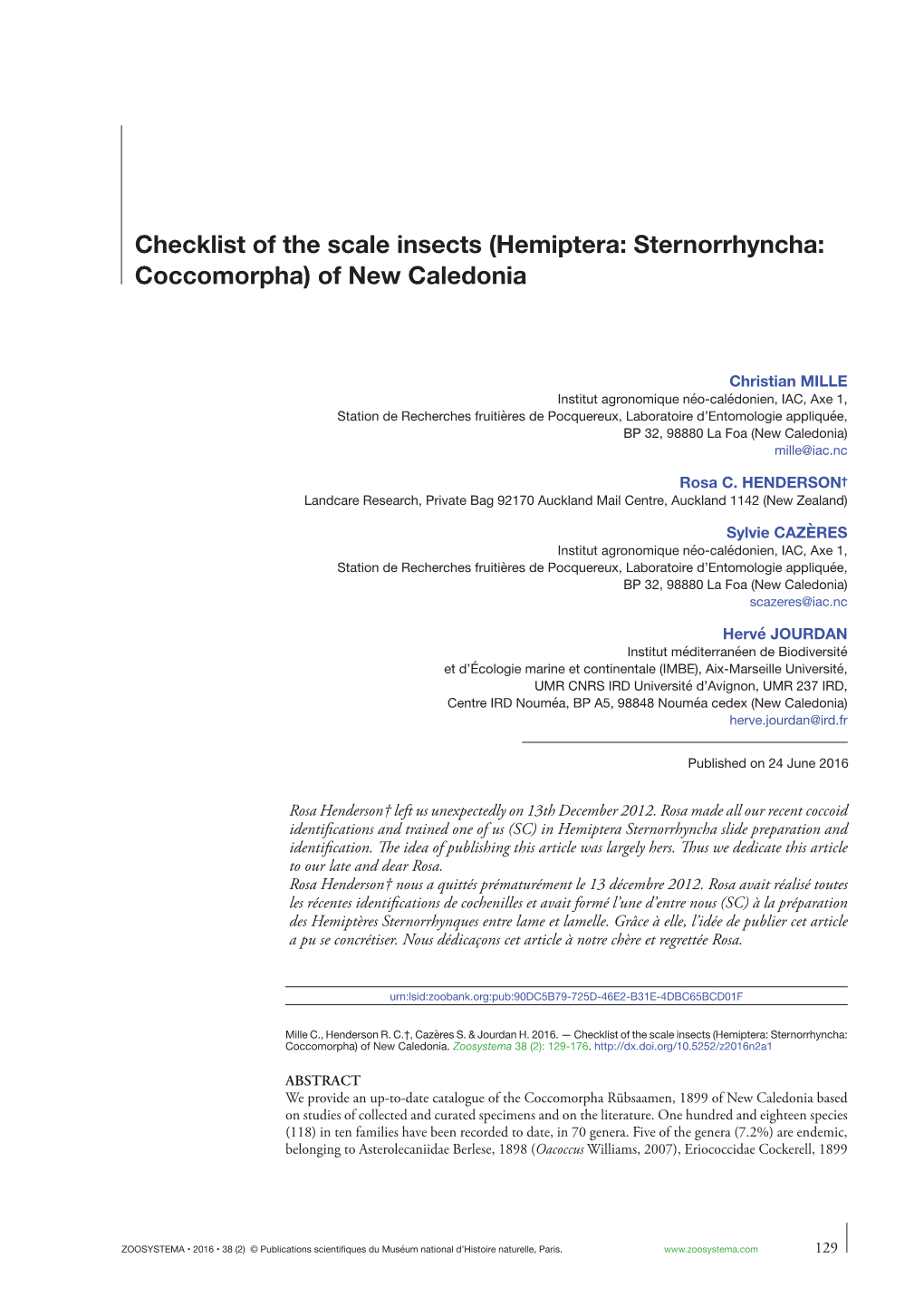 Checklist of the Scale Insects (Hemiptera : Sternorrhyncha : Coccomorpha) of New Caledonia