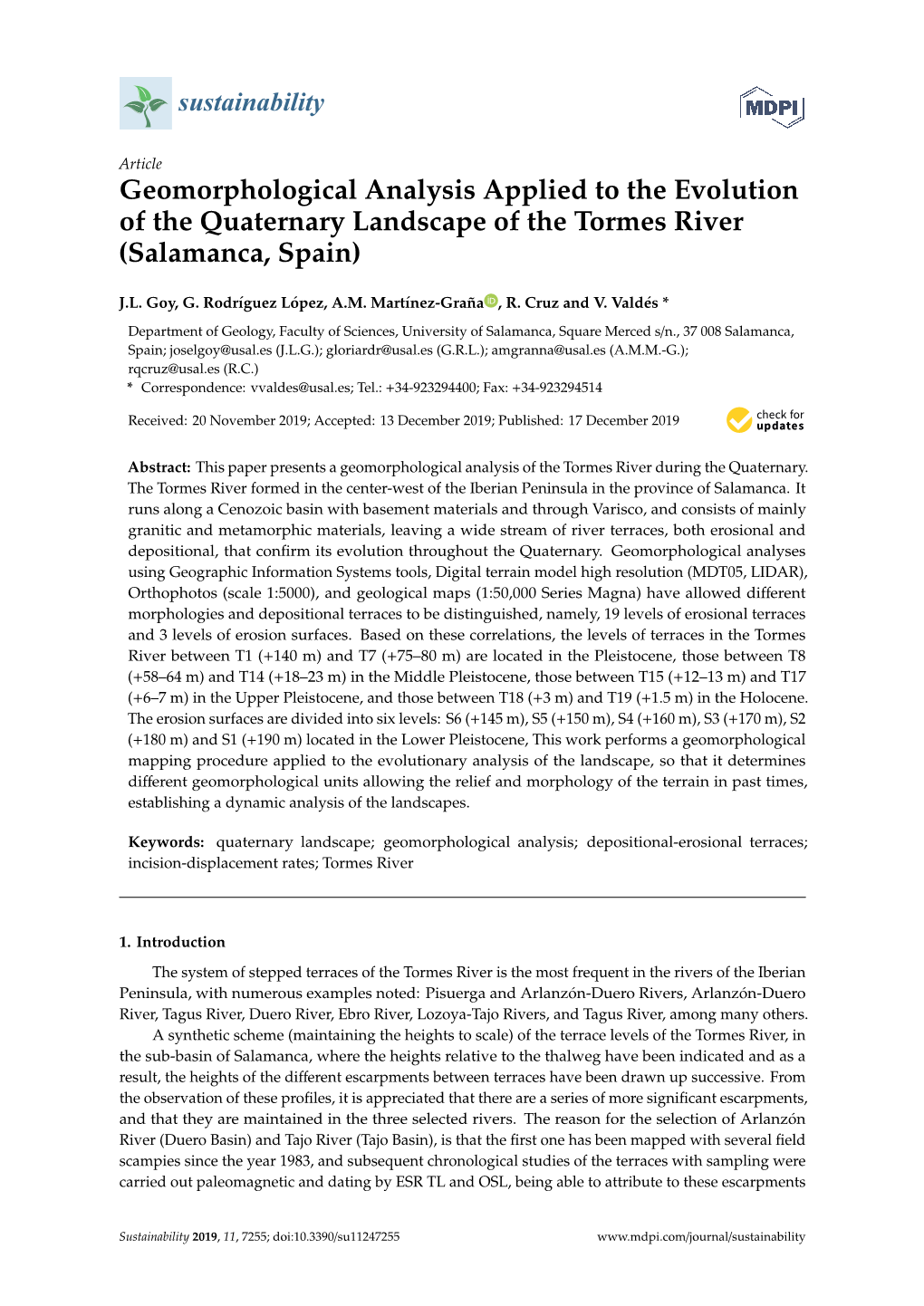 Geomorphological Analysis Applied to the Evolution of the Quaternary Landscape of the Tormes River (Salamanca, Spain)