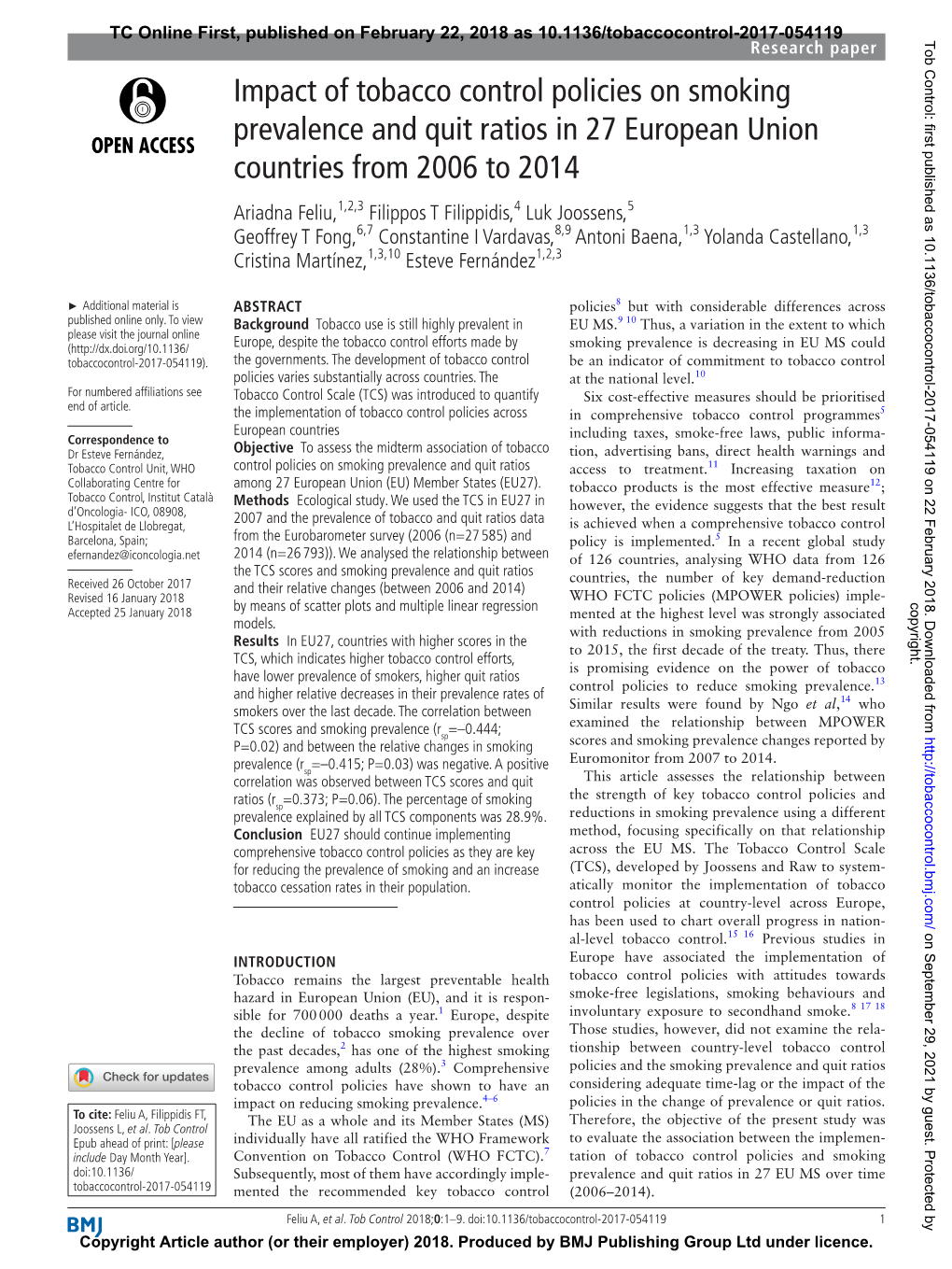 Impact of Tobacco Control Policies on Smoking Prevalence and Quit Ratios