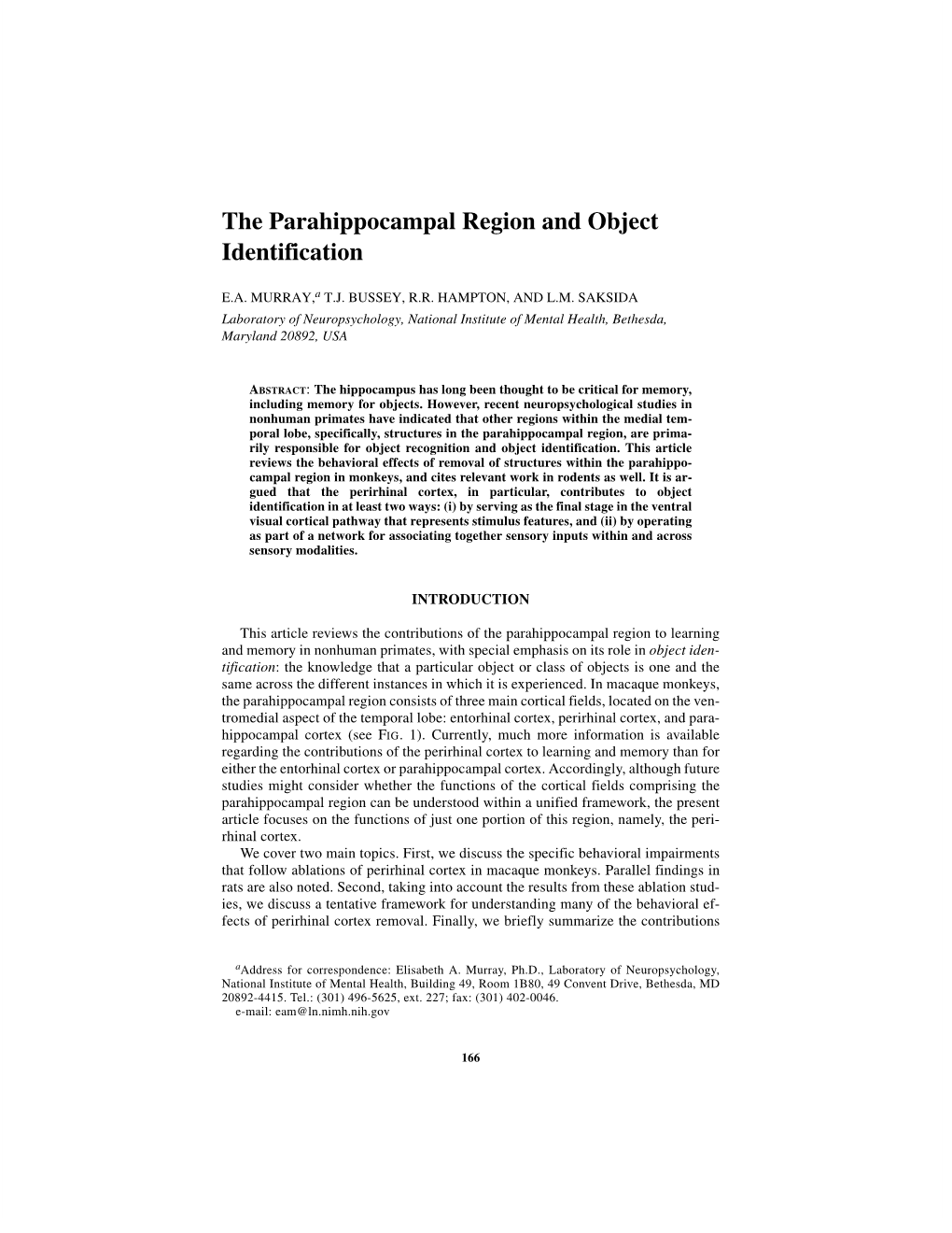 The Parahippocampal Region and Object Identification