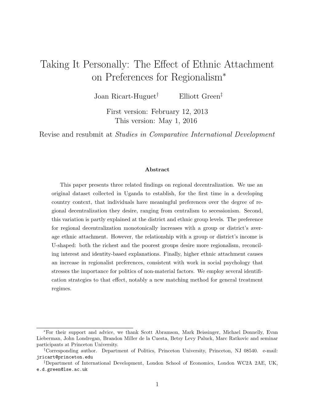 The Effect of Ethnic Attachment on Preferences for Regionalism