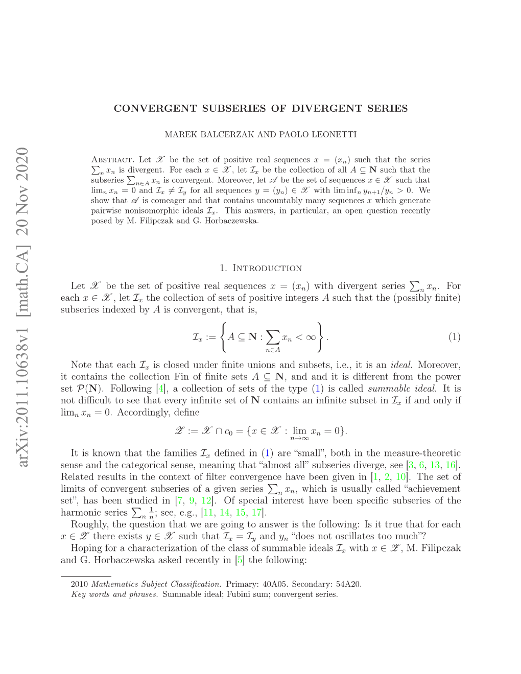 Arxiv:2011.10638V1 [Math.CA] 20 Nov 2020 X N .Hrazwk Se Eetyi [ in Recently Asked Horbaczewska G