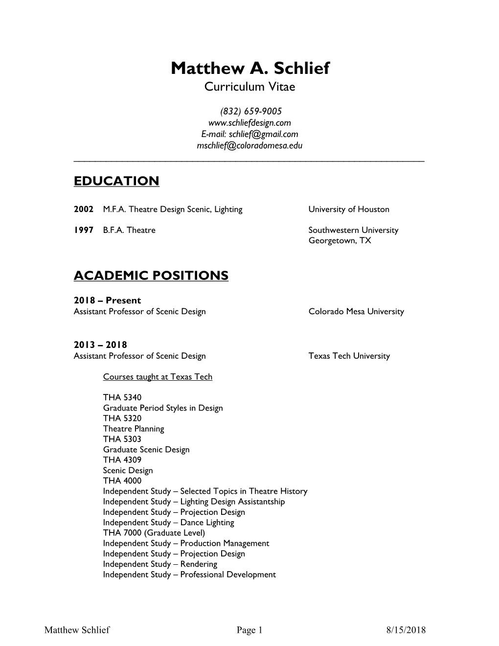 Matthew Schlief's Curriculum Vitae