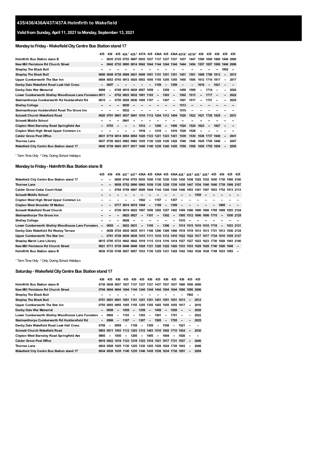 435/436/436A/437/437A Holmfirth to Wakefield Valid from Sunday, April 11, 2021 to Monday, September 13, 2021