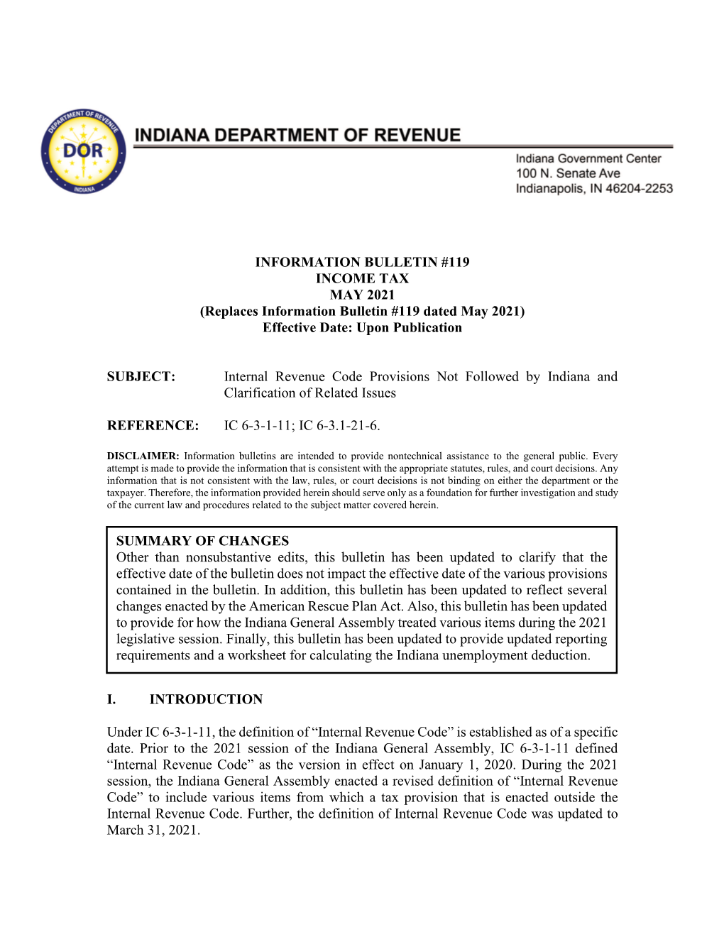 INFORMATION BULLETIN #119 INCOME TAX MAY 2021 (Replaces Information Bulletin #119 Dated May 2021) Effective Date: Upon Publication