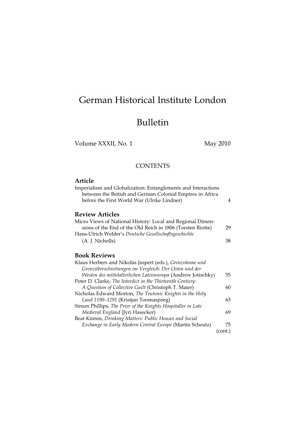 German Historical Institute London Bulletin Vol 32 (2010), No. 1