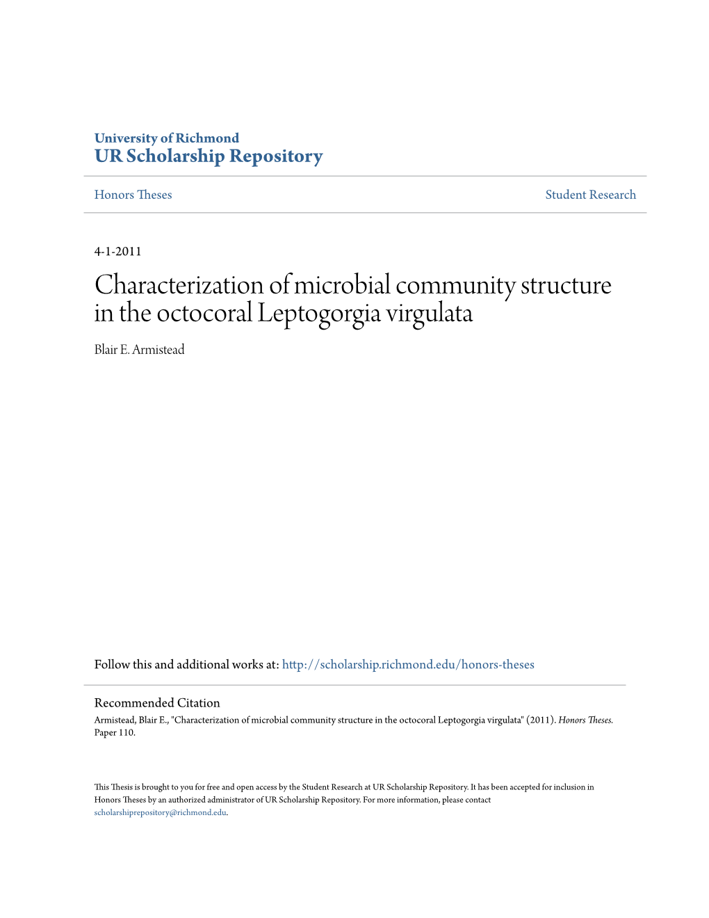 Characterization of Microbial Community Structure in the Octocoral Leptogorgia Virgulata Blair E