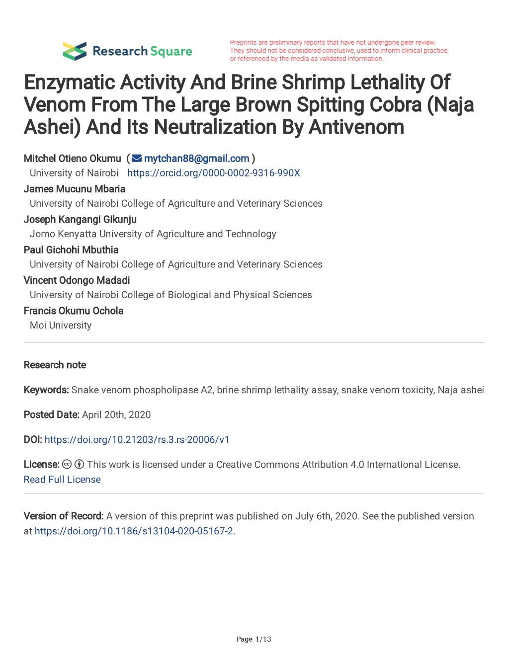 Naja Ashei) and Its Neutralization by Antivenom