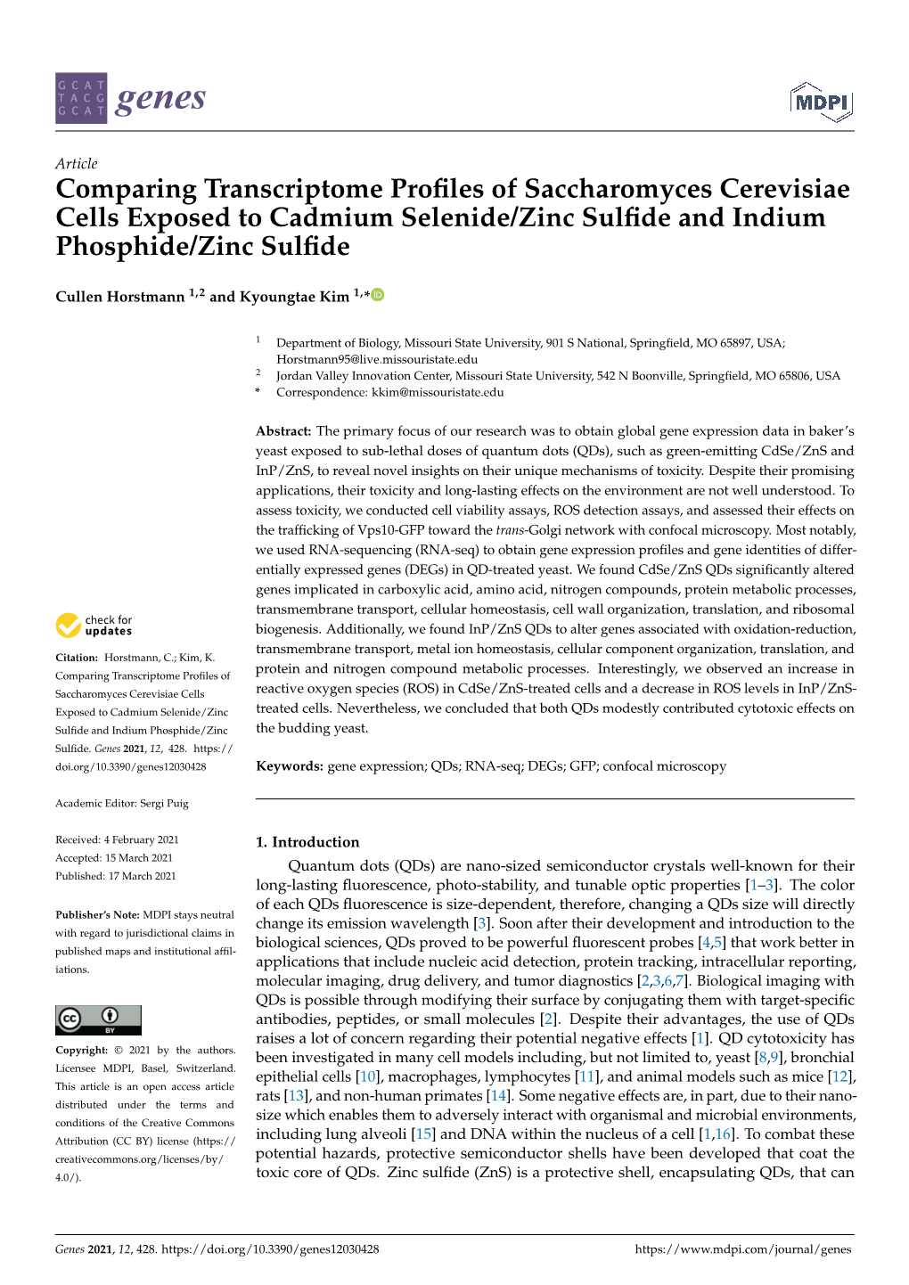 Downloaded from the Saccharomyces Genome Database (SGD) Using the Tophat Genes 2021, 12, 428 4 of 21