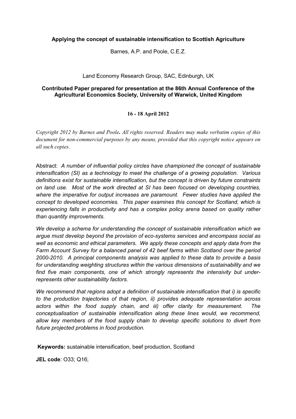 Applying the Concept of Sustainable Intensification to Scottish Agriculture