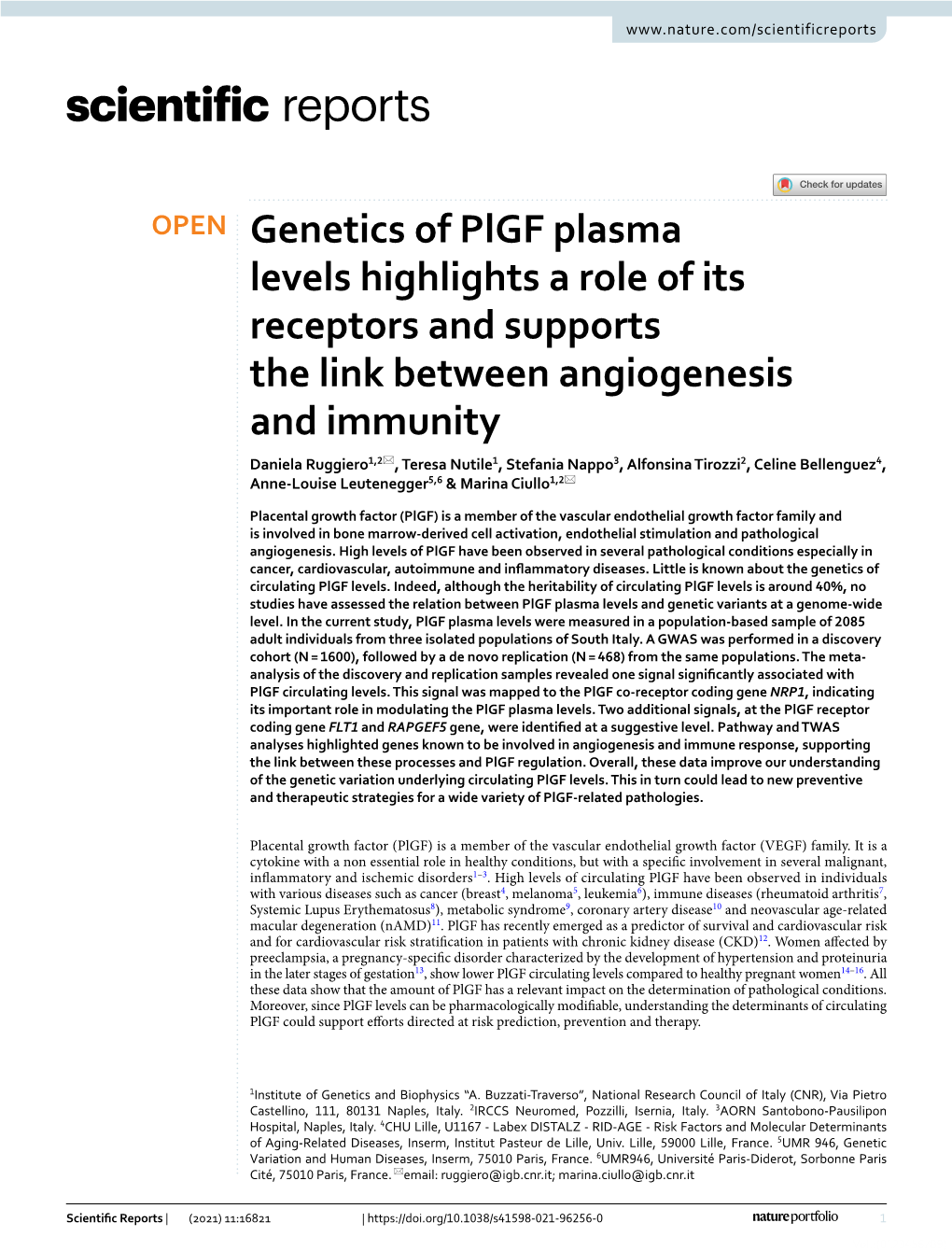 Genetics of Plgf Plasma Levels Highlights a Role of Its Receptors And