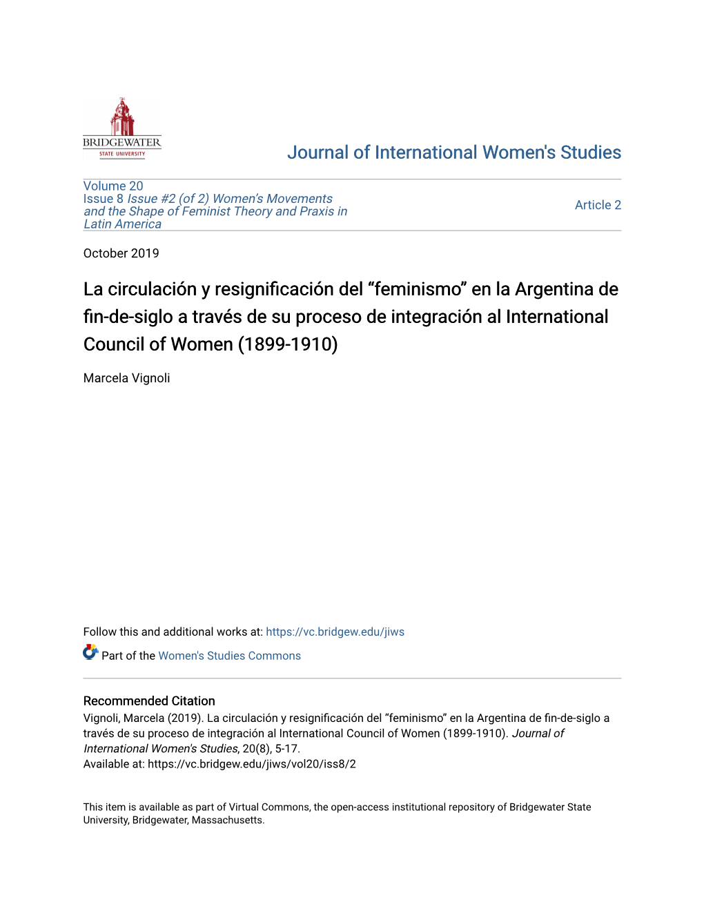 En La Argentina De Fin-De-Siglo a Través De Su Proceso De Integración Al International Council of Women (1899-1910)