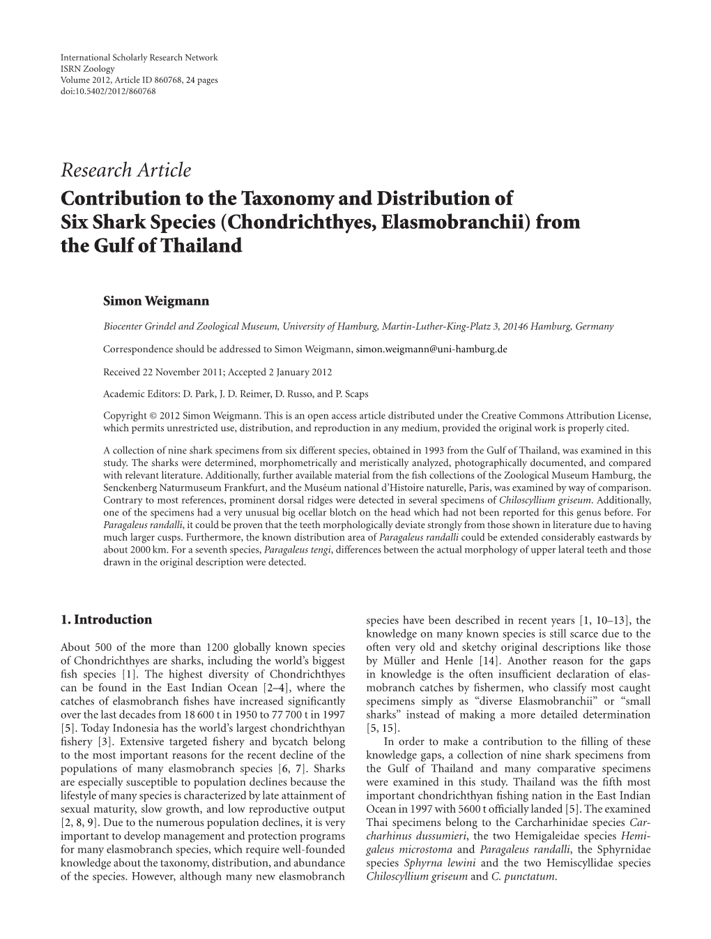 Contribution to the Taxonomy and Distribution of Six Shark Species (Chondrichthyes, Elasmobranchii) from the Gulf of Thailand