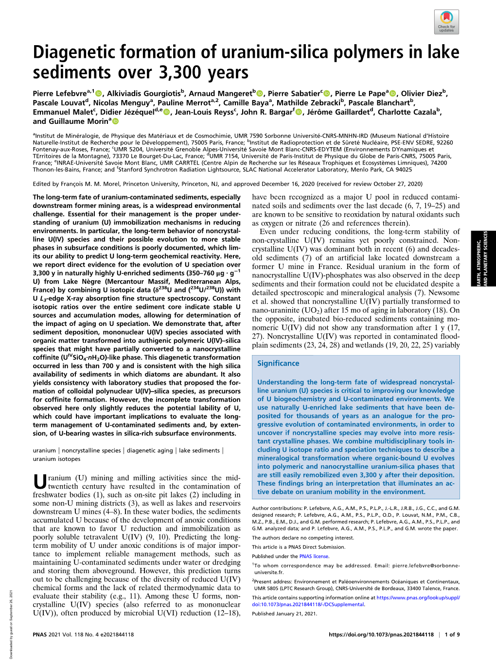 Diagenetic Formation of Uranium-Silica Polymers in Lake Sediments Over 3,300 Years