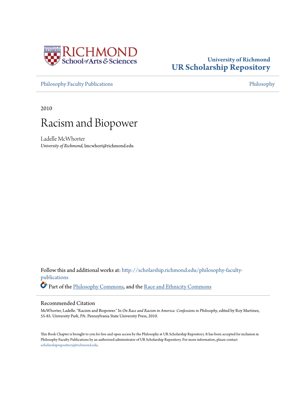 Racism and Biopower Ladelle Mcwhorter University of Richmond, Lmcwhort@Richmond.Edu