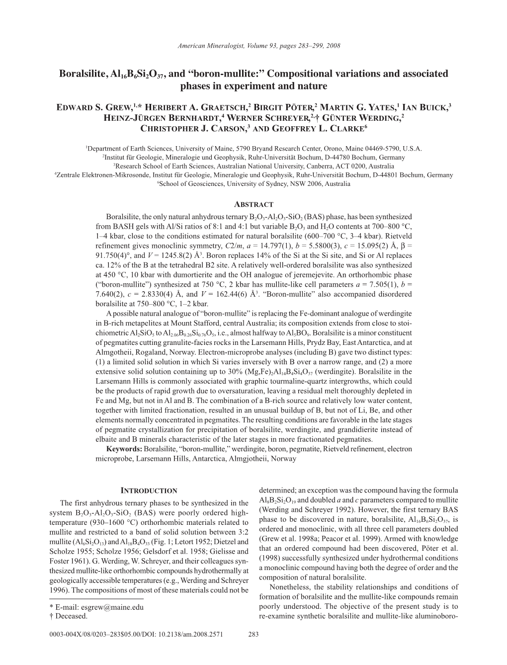 Boralsilite, Al16b6si2o37, and “Boron-Mullite:” Compositional Variations and Associated Phases in Experiment and Nature