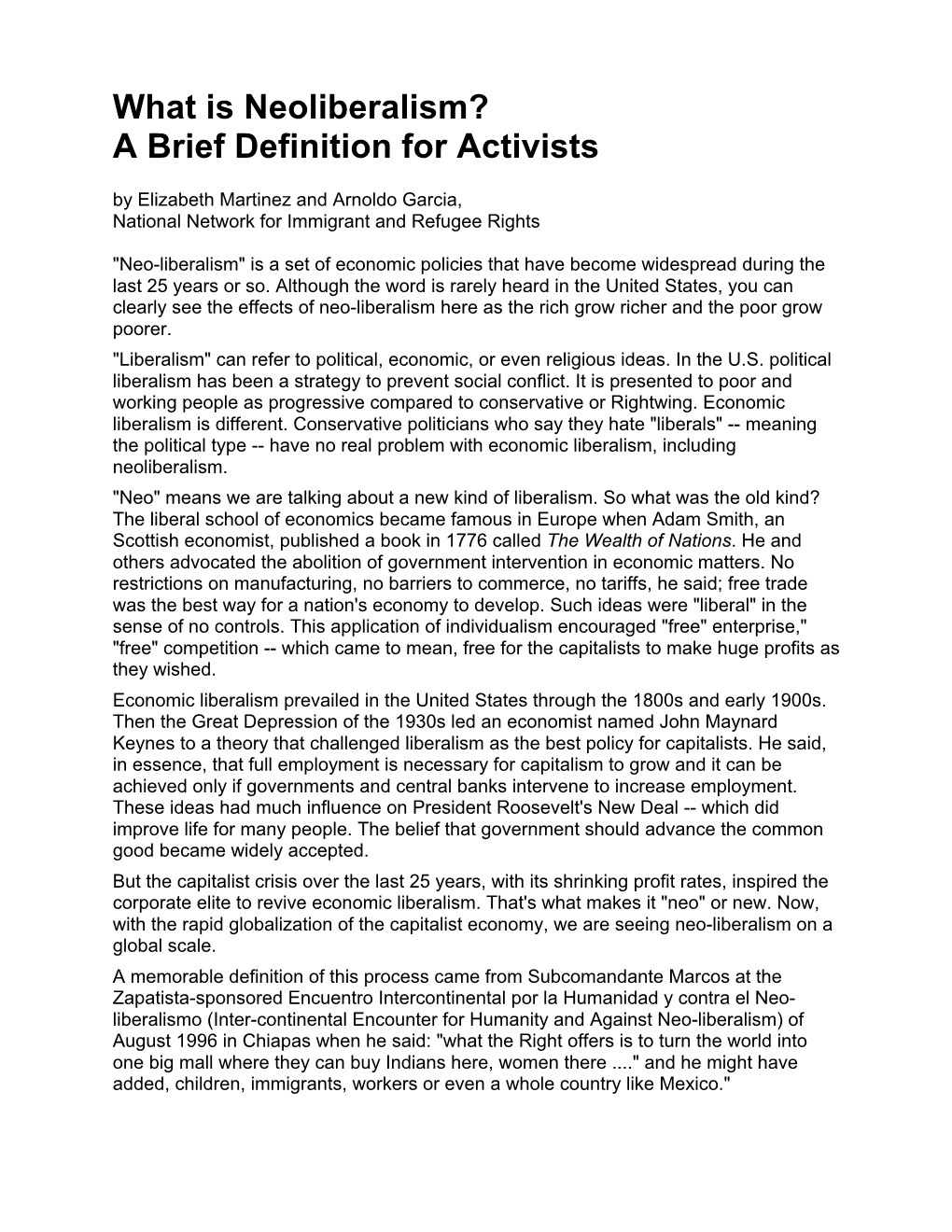 What Is Neoliberalism? a Brief Definition for Activists by Elizabeth Martinez and Arnoldo Garcia, National Network for Immigrant and Refugee Rights