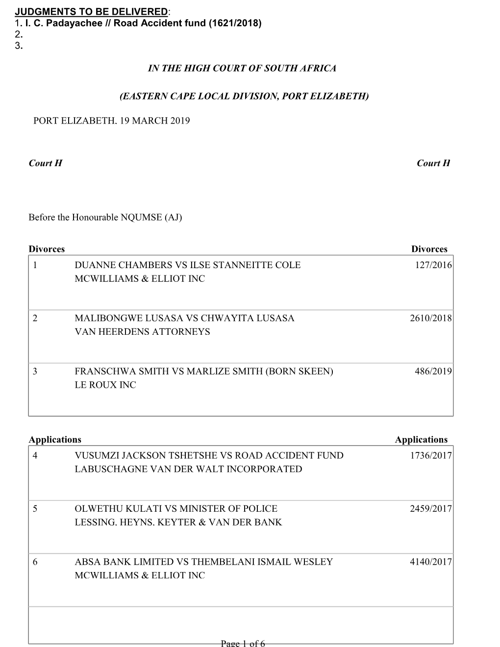 Court Roll:Eastern Cape Local Division,Port Elizabeth