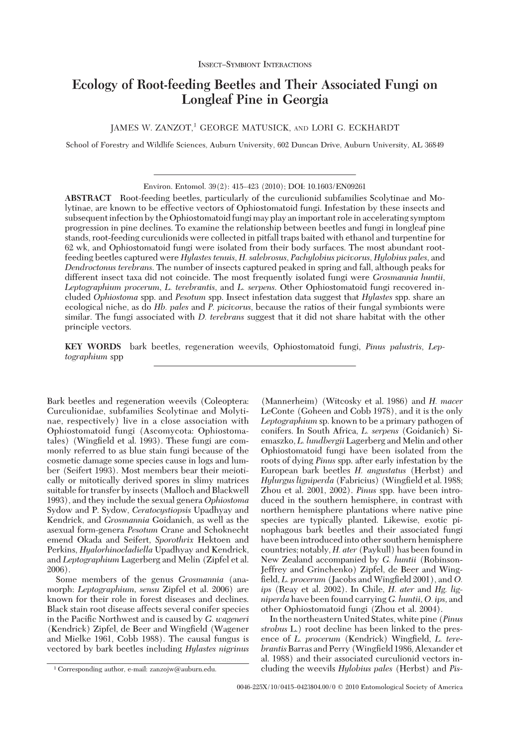 Ecology of Root-Feeding Beetles and Their Associated Fungi on Longleaf Pine in Georgia